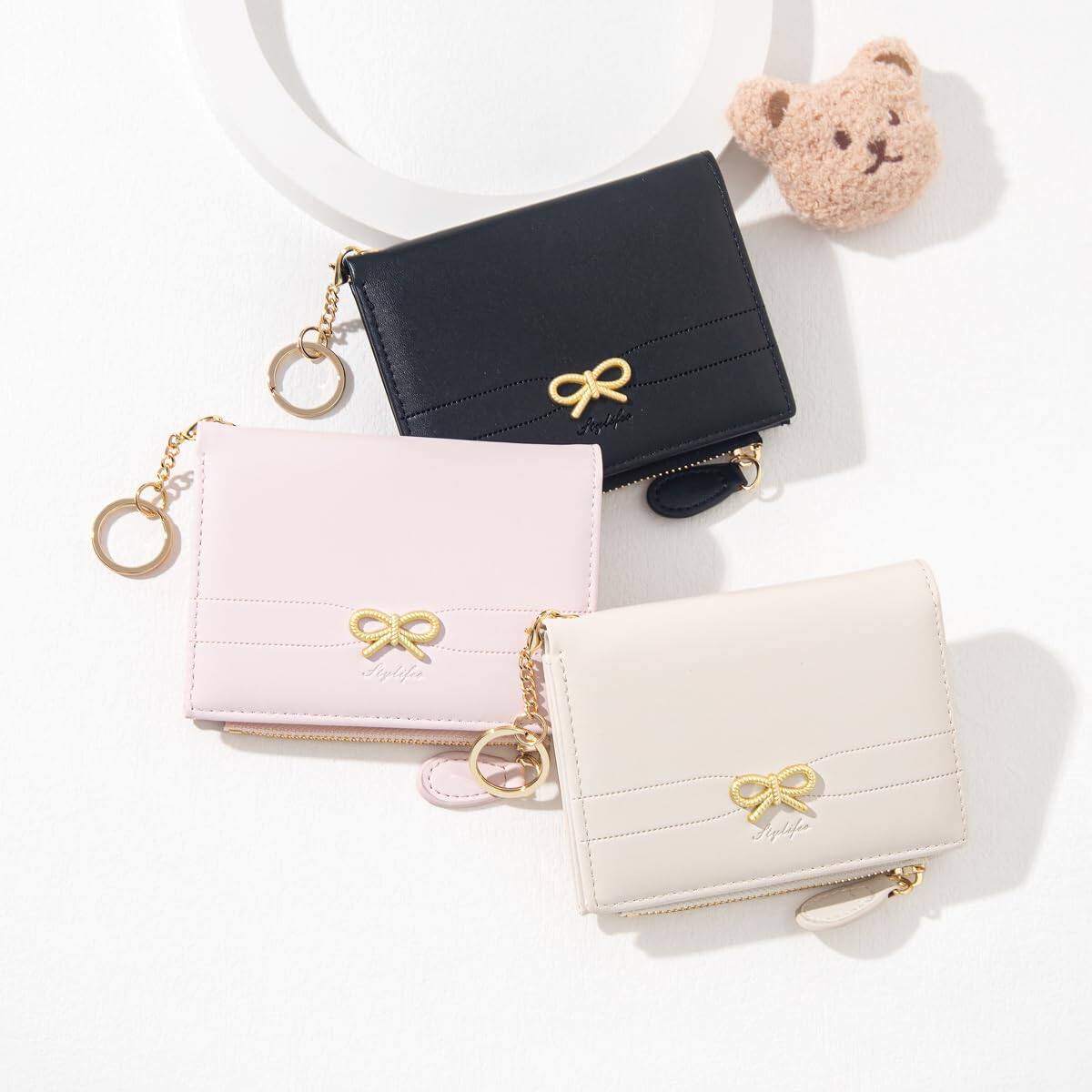 Alt View 3. Jadie Link - Fashion Wallets Cute Small Bow Wallet Aesthetic Card Holder Bifold Purse Pocket Zipper Women simple Pink Premium - Pink-Simple Bow.