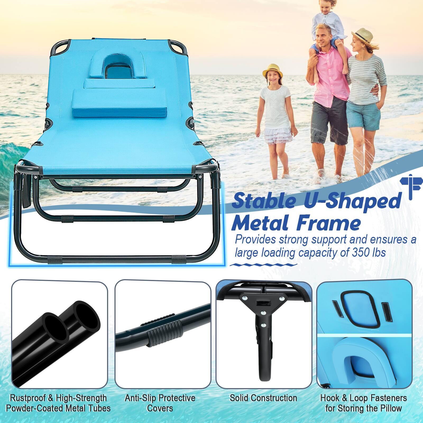 Stable U-Shaped Metal Frame

Rustproof & High-Strength Powder-Coated Metal Tubes

Anti-Slip Protective Covers

Solid Construction

Hook & Loop Fasteners for Storing the Pillow