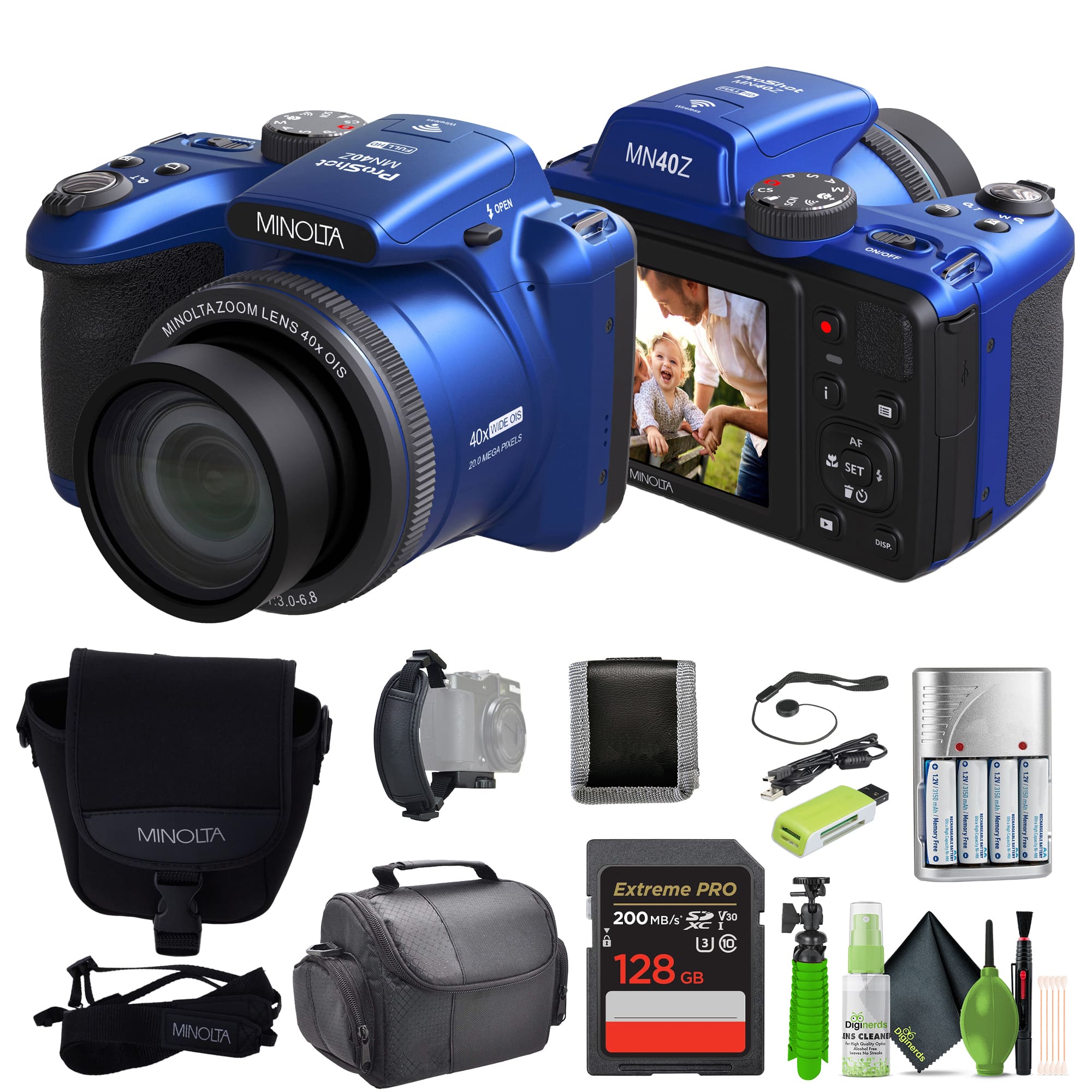 Minolta - 20 Mega Pixels 40x Optical Zoom Digital Camera, 1080p FHD Video Bundle - Blue