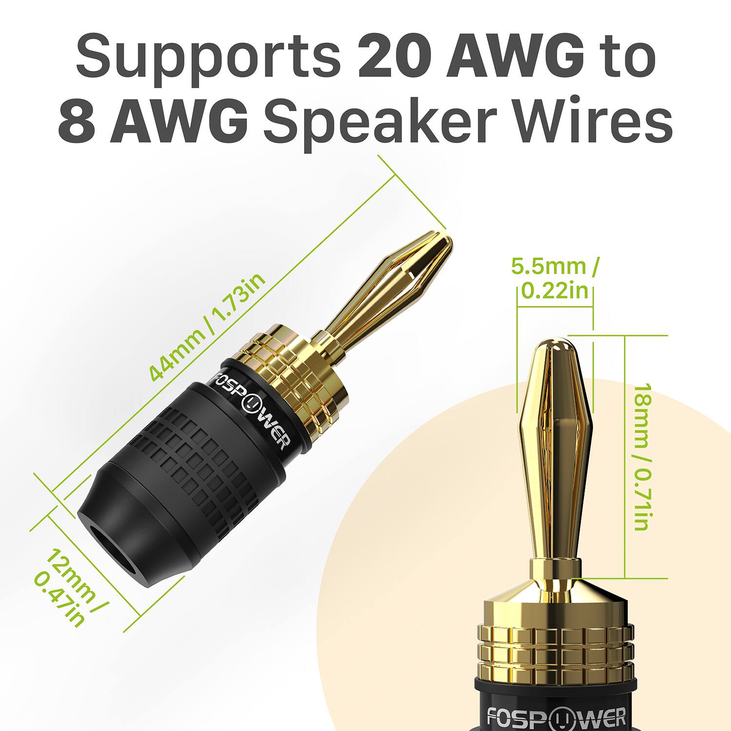 Supports 20 AWG to 8 AWG Speaker Wires

44mm / 1.73in
12mm / 0.47in
5.5mm / 0.22in
18mm / 0.71in