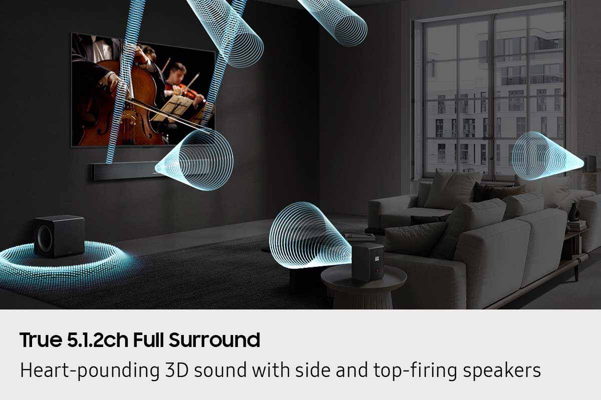 True 5.1.2ch Full Surround Heart-pounding 3D sound with side and top-firing speakers