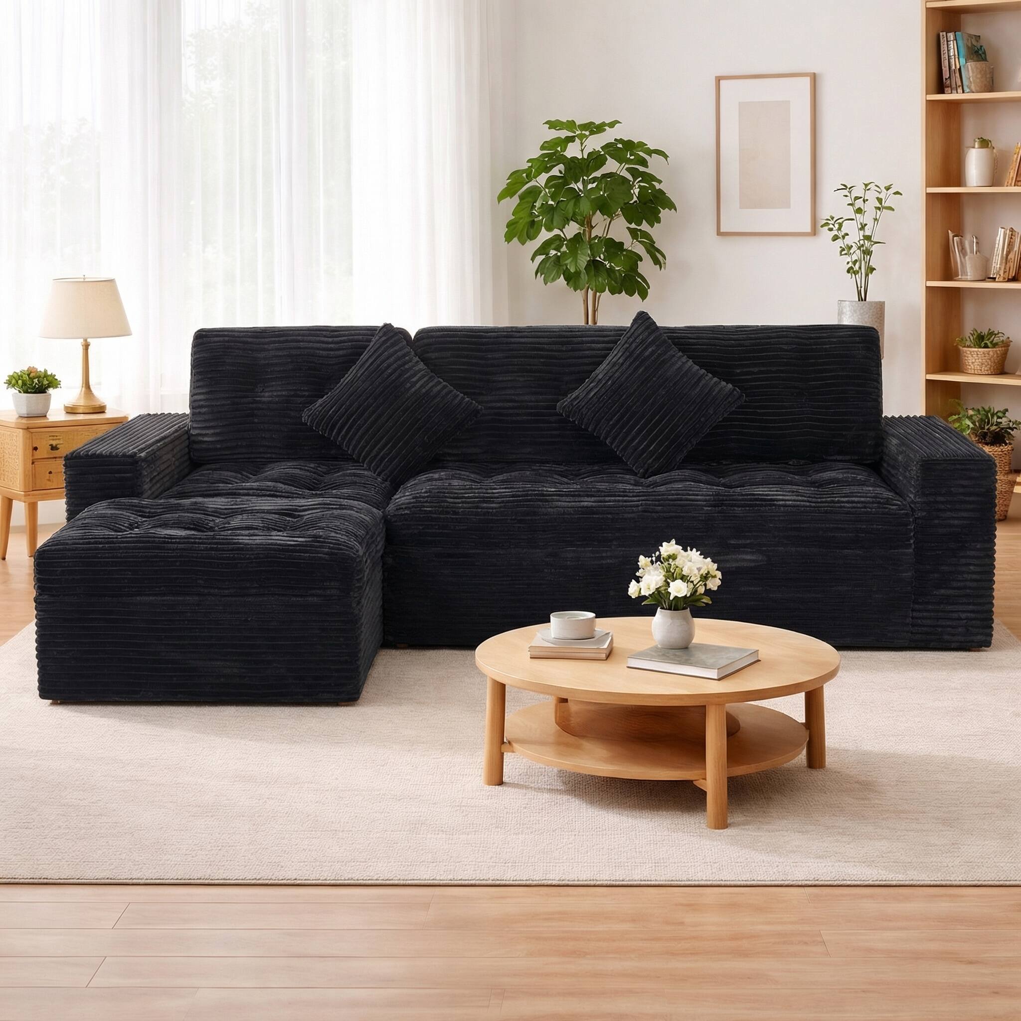 Back. Anysun - 105" Modular Cloud Sofa Set with Ottoman, DIY Sectional, Pure Foam & Faux Rabbit Fur Velvet for Living Room - Black.