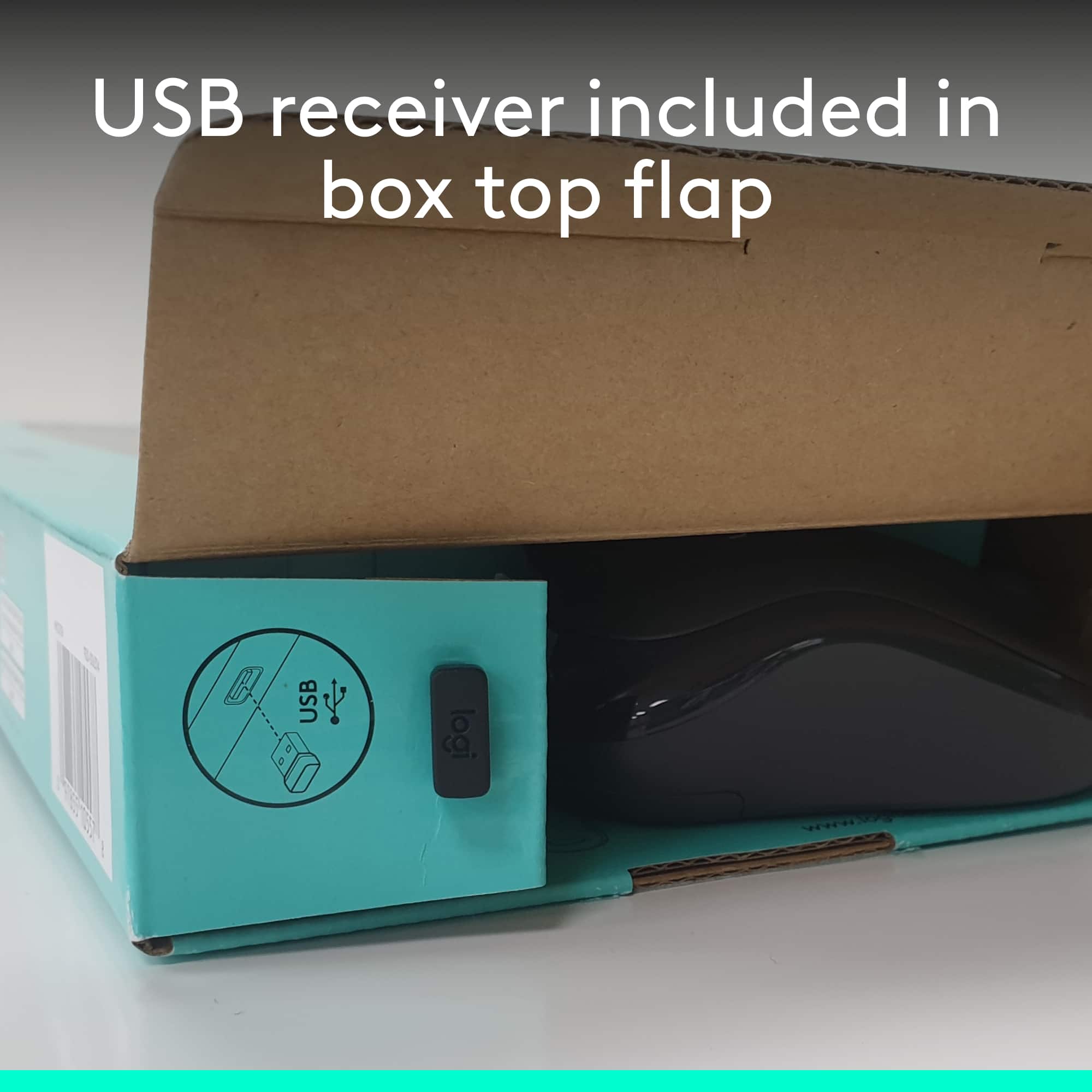USB receiver included in box top flap.