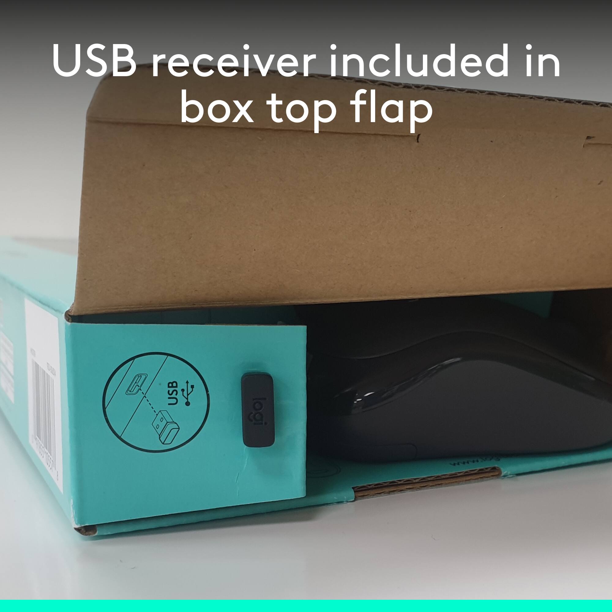 USB receiver included in box top flap.