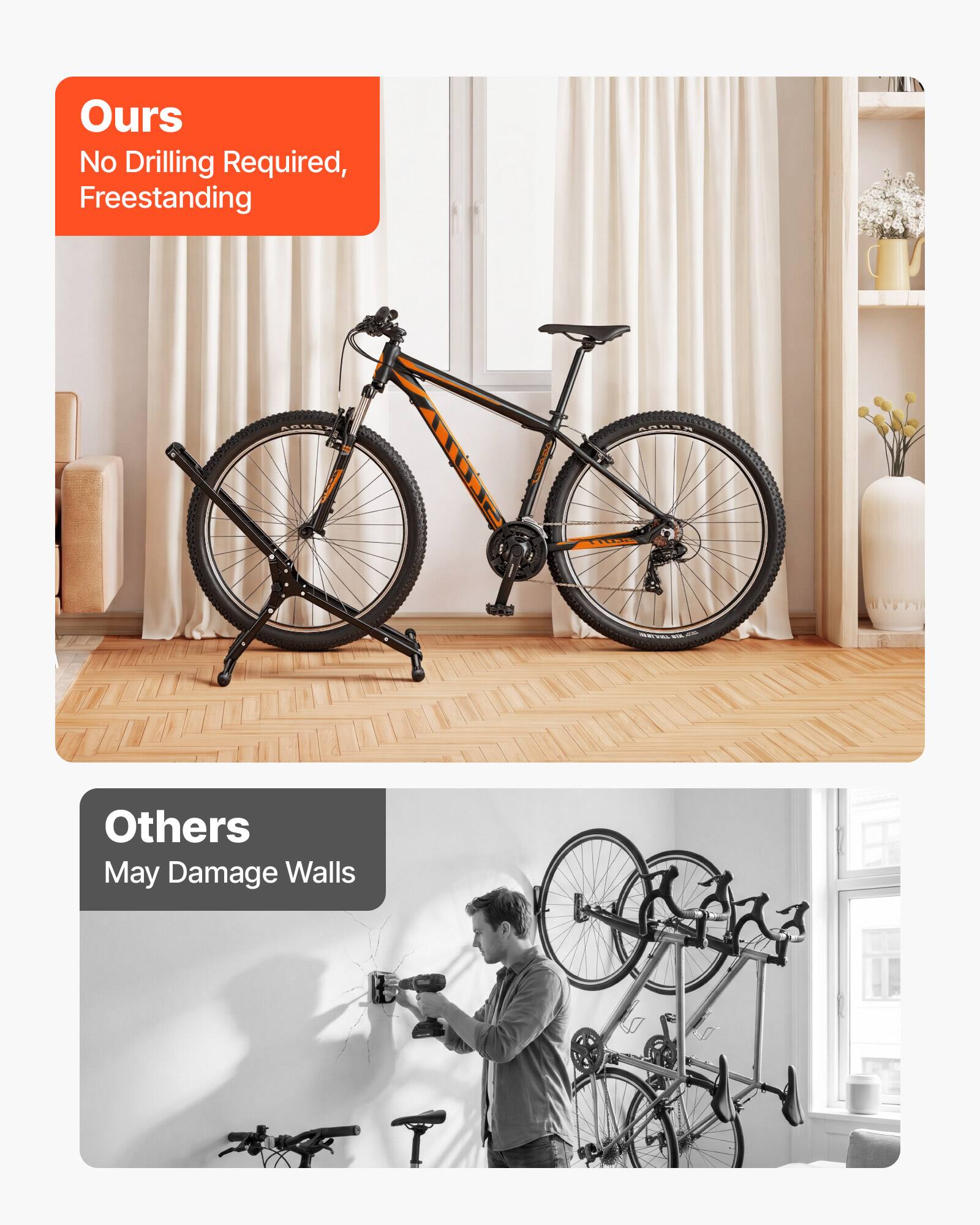 Ours: No Drilling Required, Freestanding  
Others: May Damage Walls