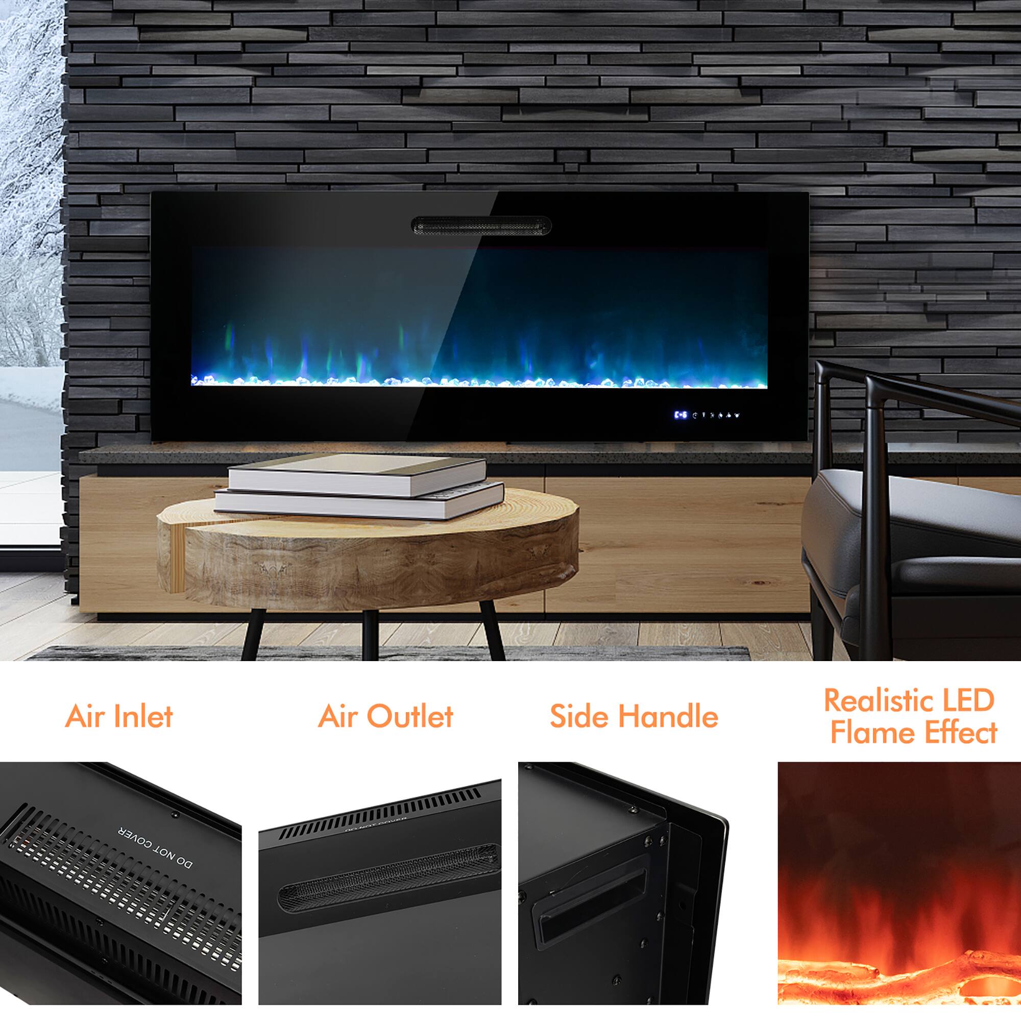 - Air Inlet
- Air Outlet
- Side Handle
- Realistic LED Flame Effect

DO NOT COVER