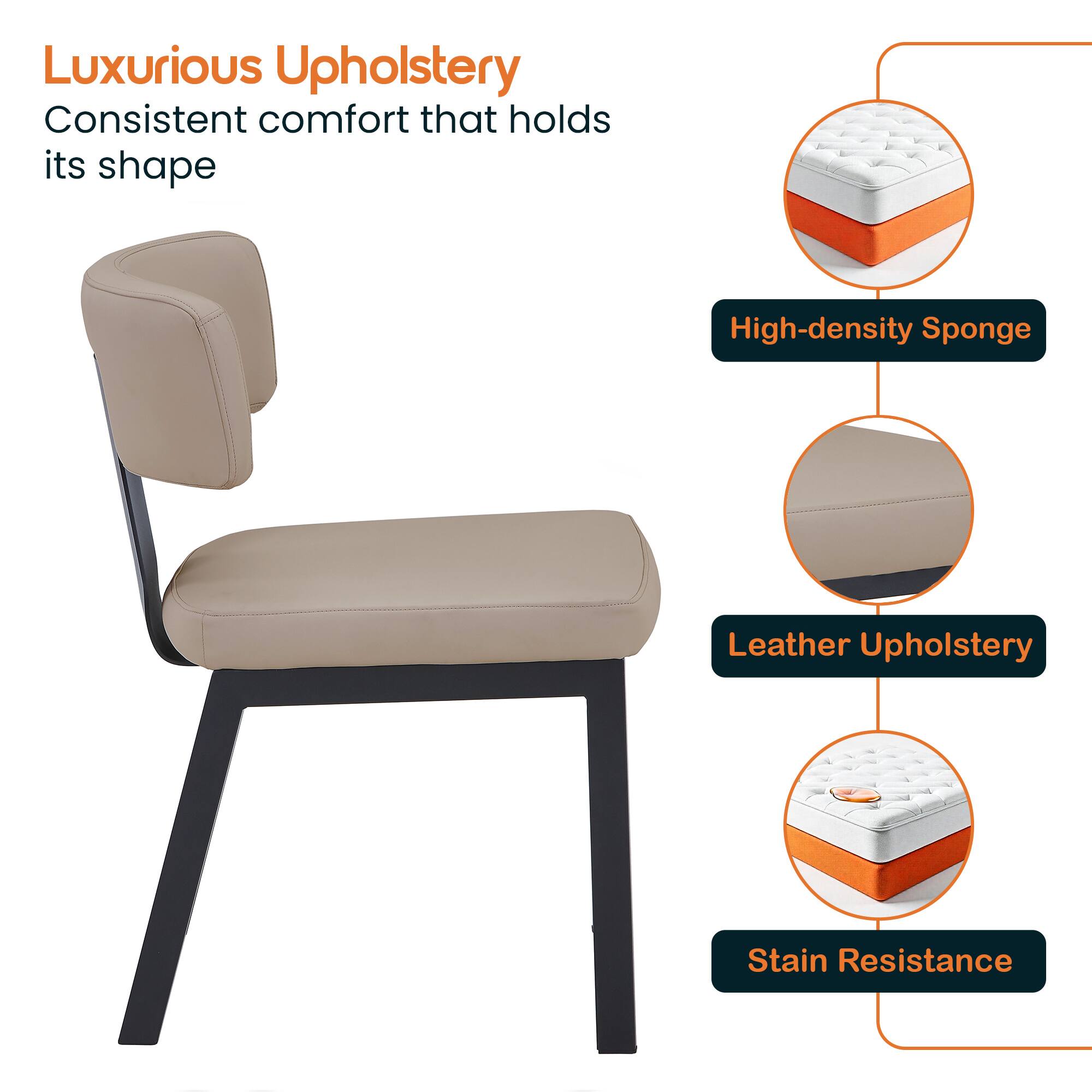 Luxurious Upholstery  
Consistent comfort that holds its shape  
High-density Sponge  
Leather Upholstery  
Stain Resistance