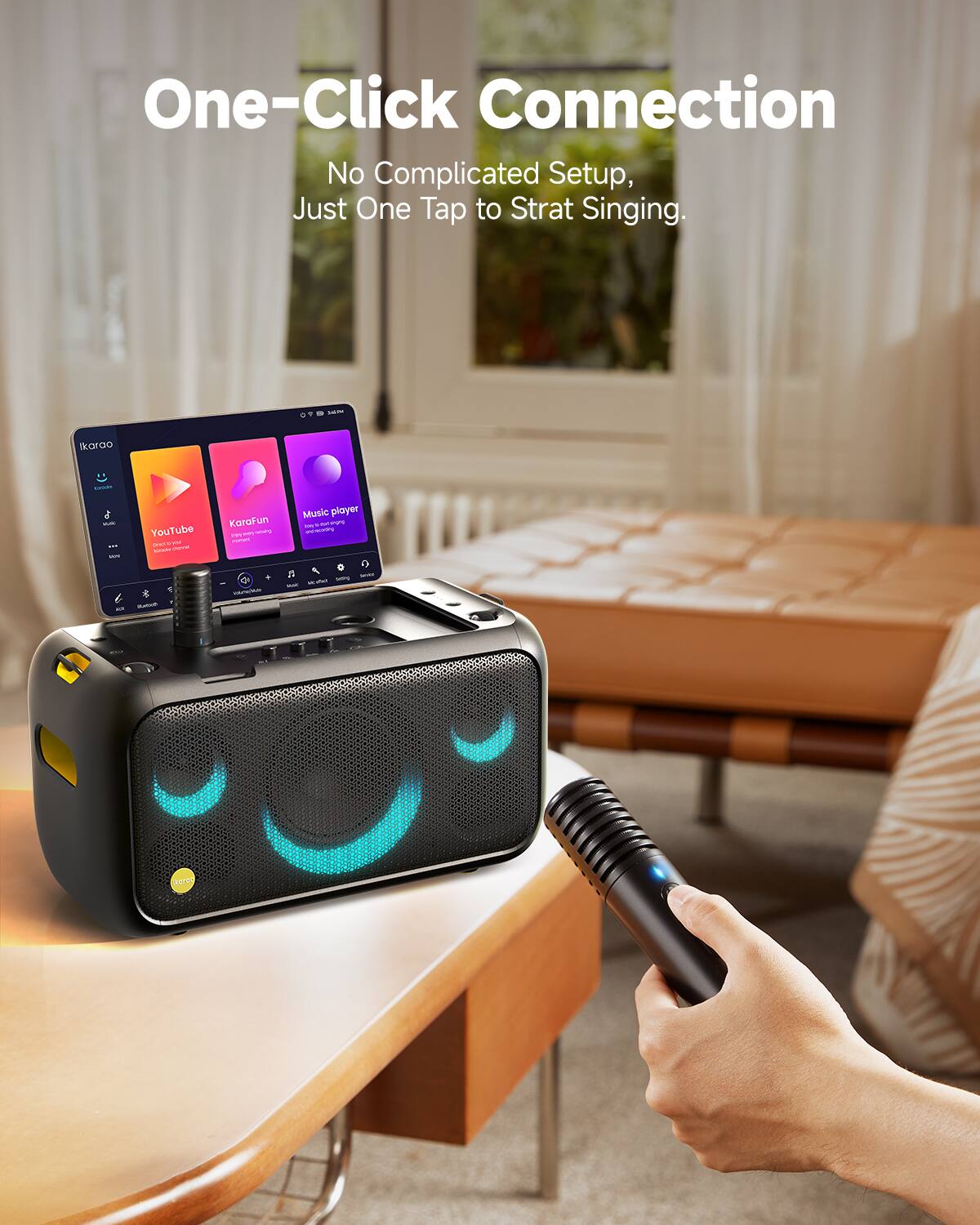 One-Click Connection  
No Complicated Setup, Just One Tap to Start Singing.  

- lkaroo  
- YouTube  
- KaraFun  
- Music Player  
- 2T  
- tares