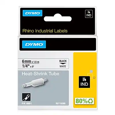 DYMO IND Rhino Industrial Labels DYMO 6mm 6 x 1.5 m 1/4" x5' BLACK WHITE Heat-Shrink Tube IND P/N 18051 0718260 80%