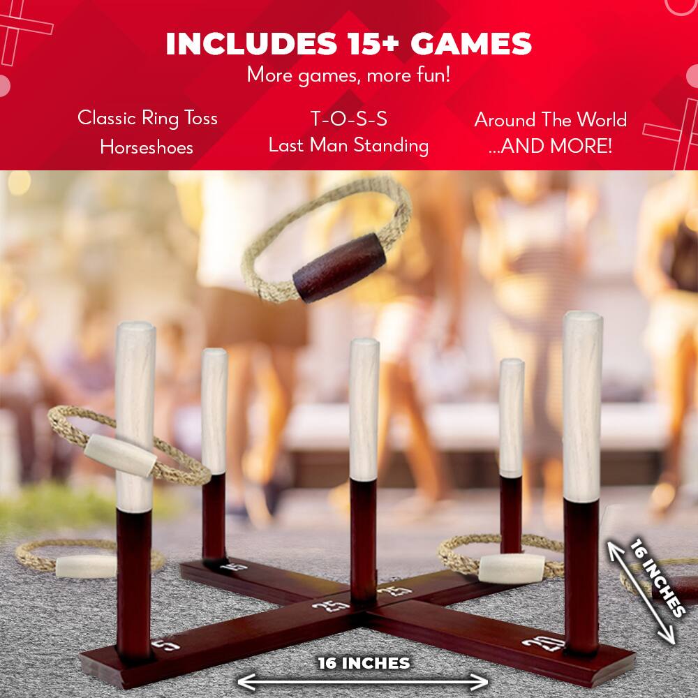 INCLUDES 15+ GAMES  
More games, more fun!  
Classic Ring Toss  
Horseshoes  
T-O-S-S  
Last Man Standing  
Around The World  
...AND MORE!  

16 INCHES  
16 INCHES