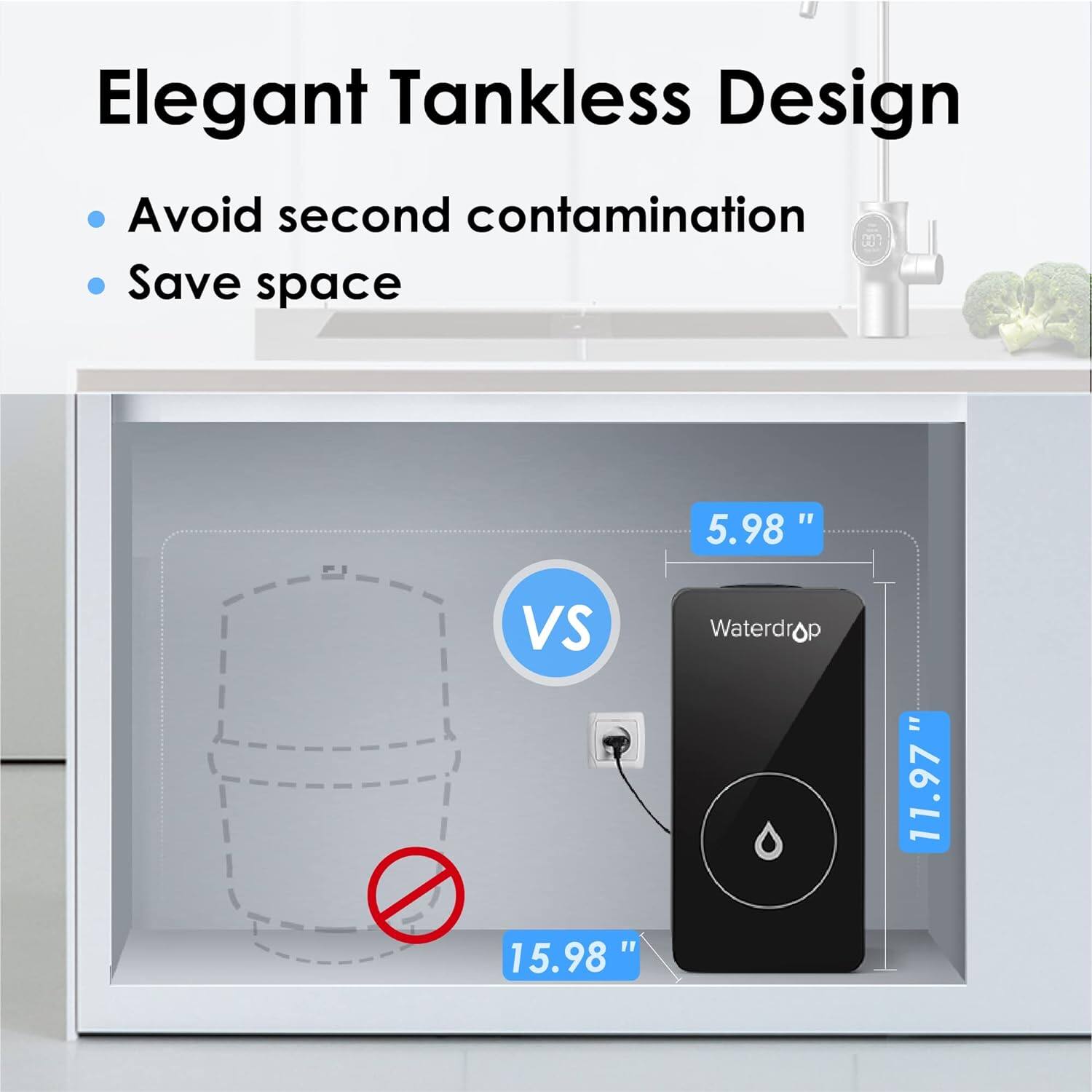 Elegant Tankless Design
Avoid second contamination
Save space
"5.98" VS Waterdrop = 11.97"
15.98"
