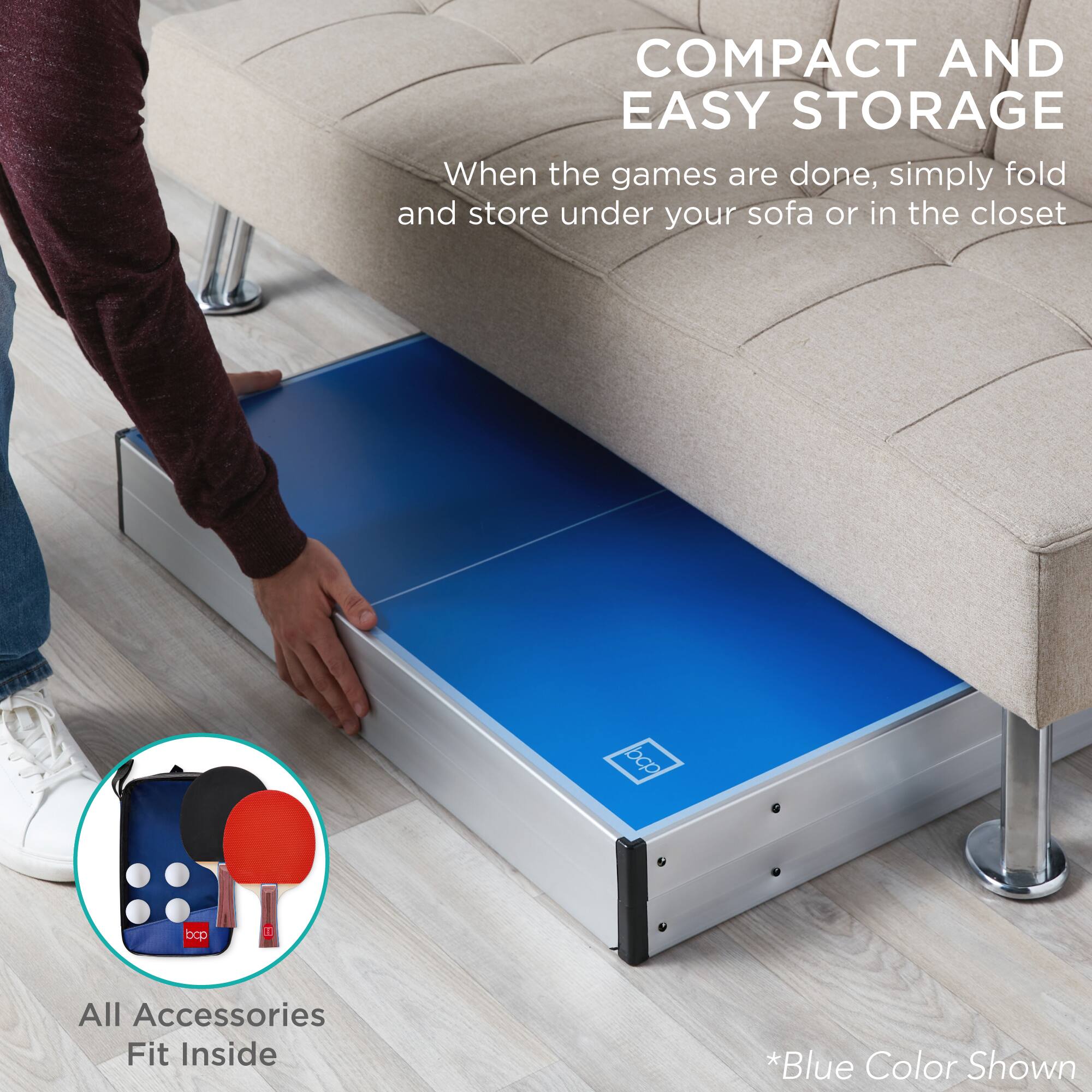 COMPACT AND EASY STORAGE: When the games are done, simply fold and store under your sofa or in the closet. All Accessories Fit Inside. *Blue Color Shown.