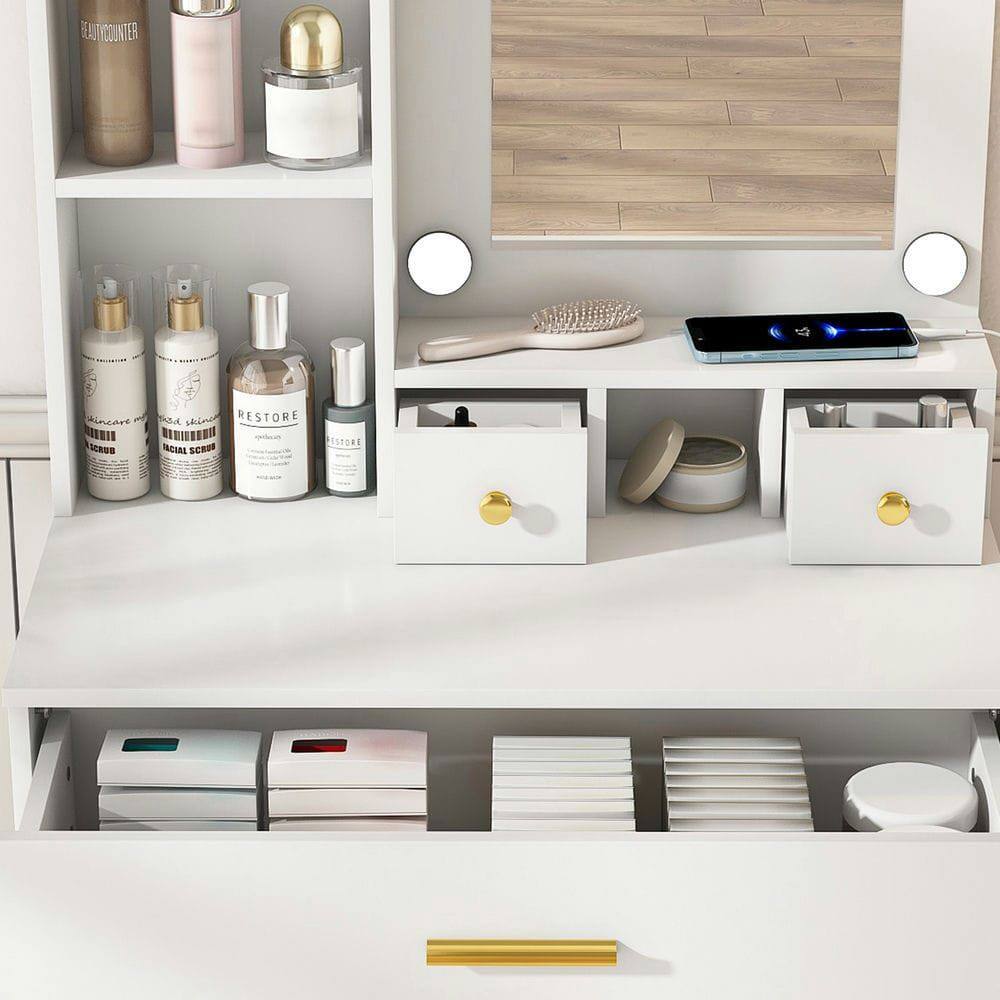 Sure, here is the corrected and grouped text from the image:

**Top Shelf:**
- BEAUTY COUNTER

**Middle Shelf:**
- dincare
- RESTORE
- RESTORE
- RESTORE

**Bottom Shelf:**
- (No visible text)

**Additional Items:**
- (No visible text on the items in the drawers or on the counter)
