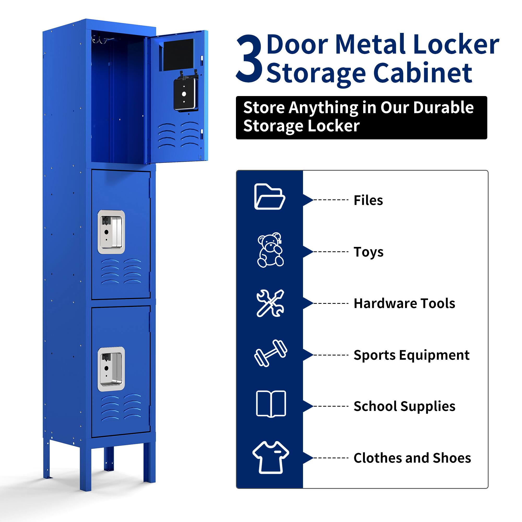Door Metal Locker 3 Storage Cabinet  
Store Anything in Our Durable Storage Locker  

Files  
Toys  
Hardware Tools  
Sports Equipment  
School Supplies  
Clothes and Shoes