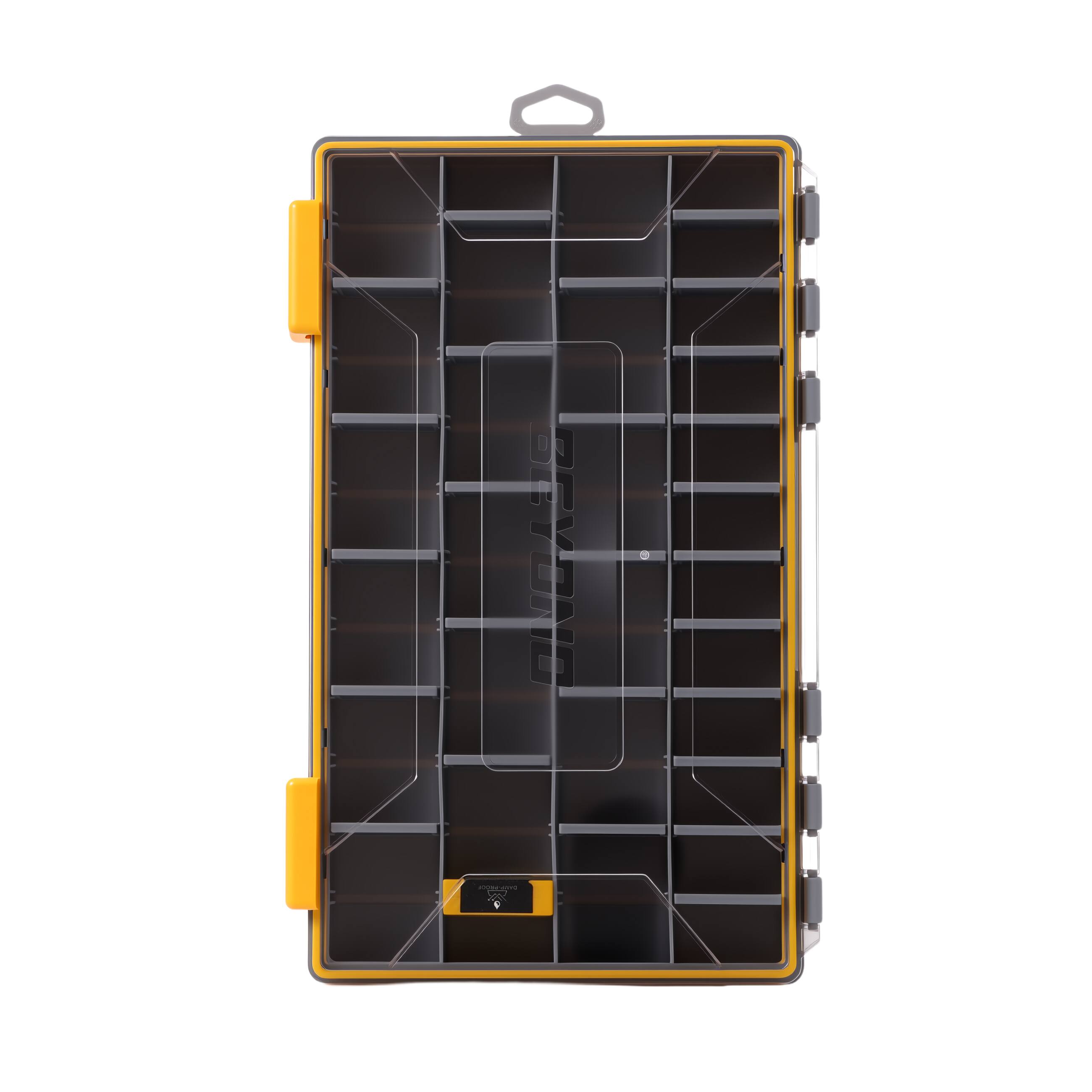 Front. Beyond Braid - DryLock Waterproof Tackle Box, Watertight 3600 & 3700 Tackle Trays with Dual-Latch Seal, Adjustable Removable Dividers - Black, Yellow.