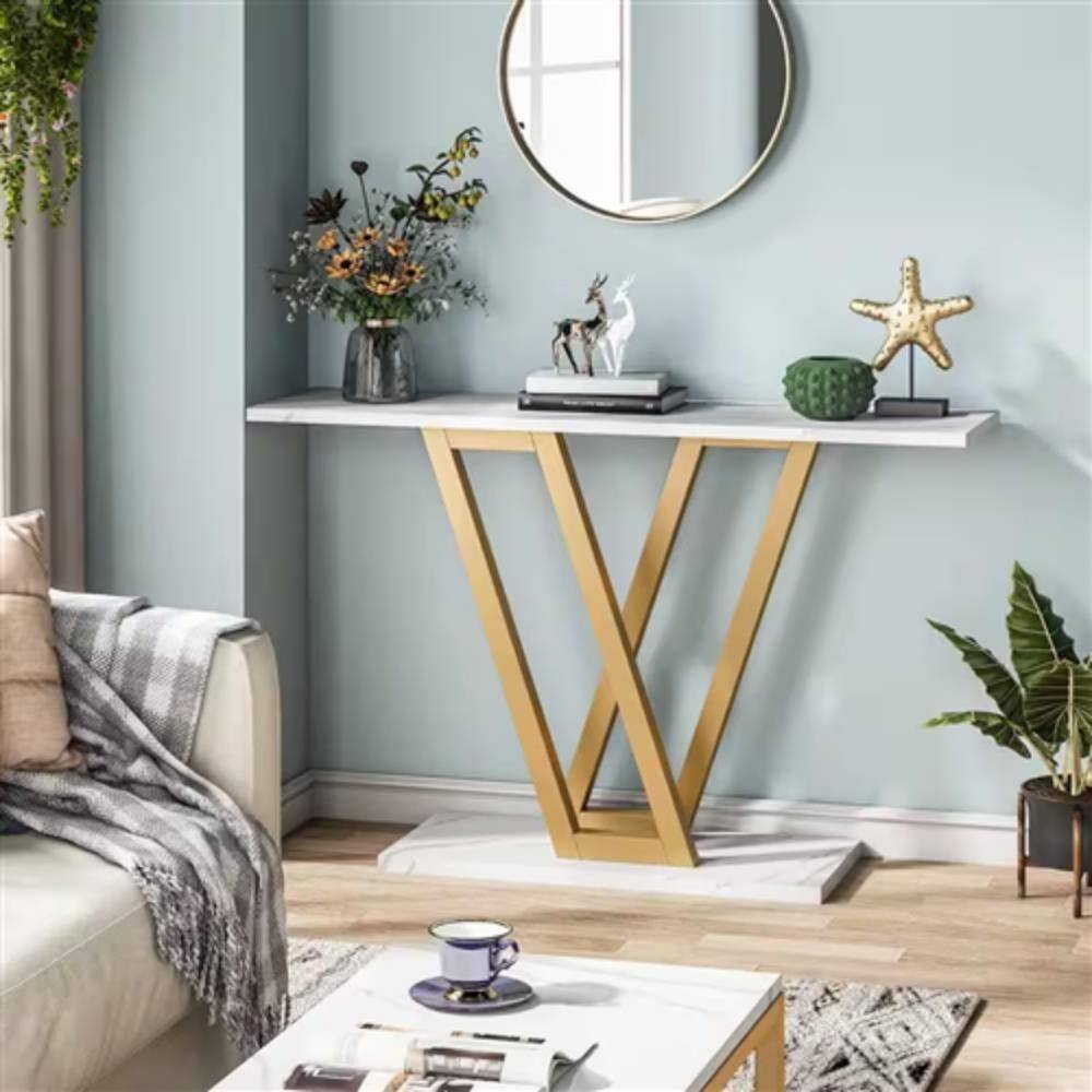 Angle. Hivvago - Modern Industrial Console Table with Faux White Marble Top and Gold Frame - White, Gold.