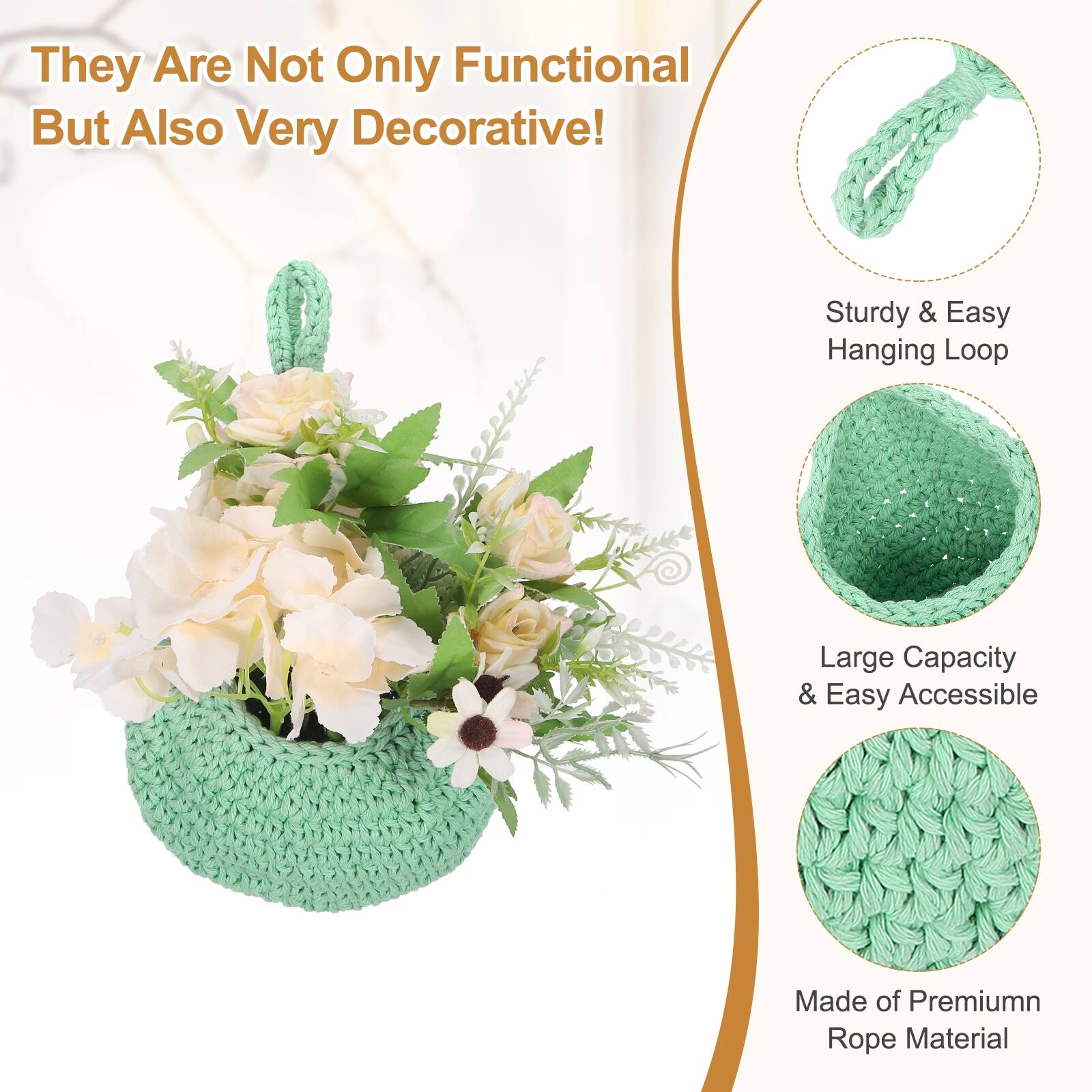 They Are Not Only Functional But Also Very Decorative! Sturdy & Easy Hanging Loop Large Capacity & Easy Accessible Made of Premium Rope Material