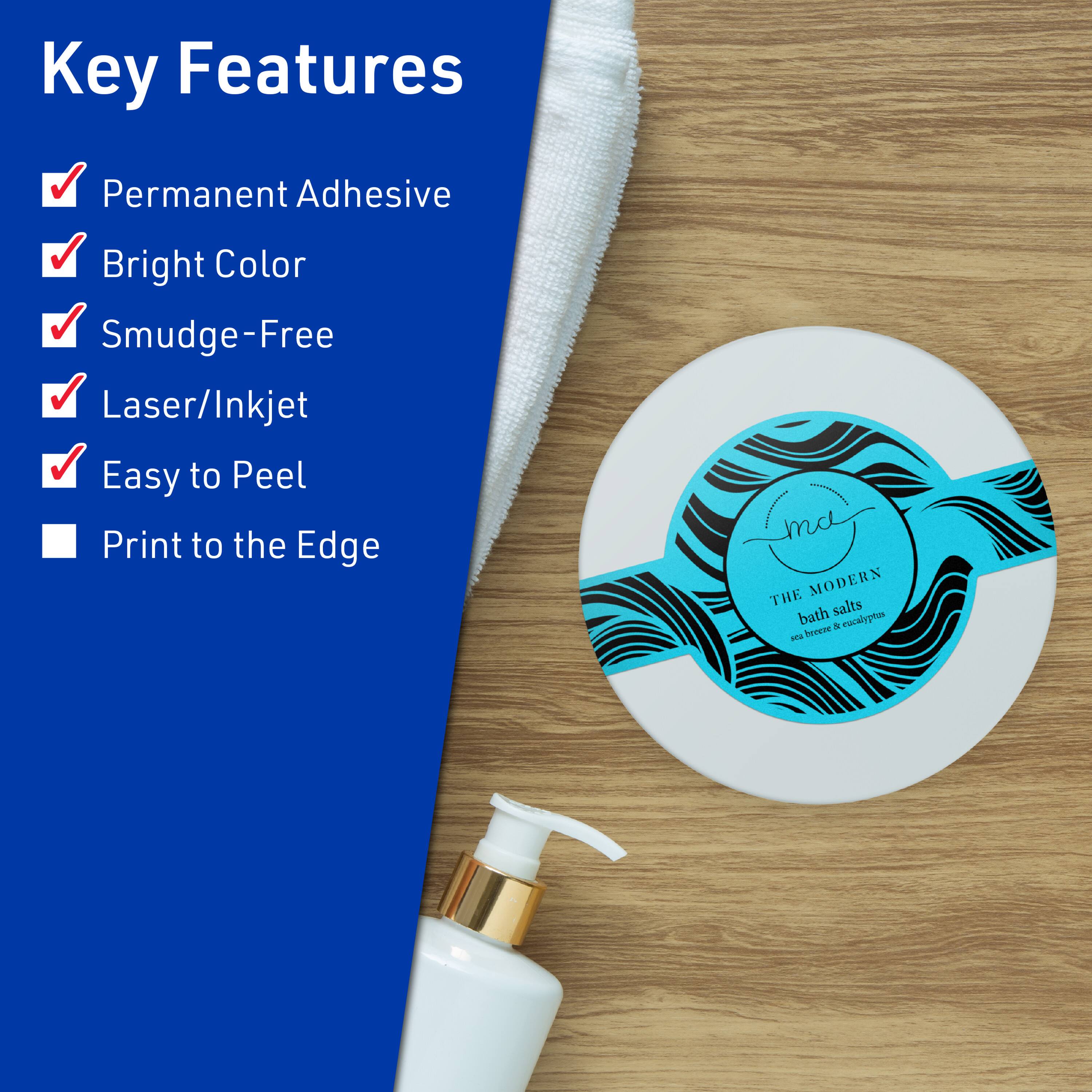 Key Features

- Permanent Adhesive
- Bright Color
- Smudge-Free
- Laser/Inkjet
- Easy to Peel
- Print to the Edge

THE MODERN  
bath salts  
sea breeze & eucalyptus
