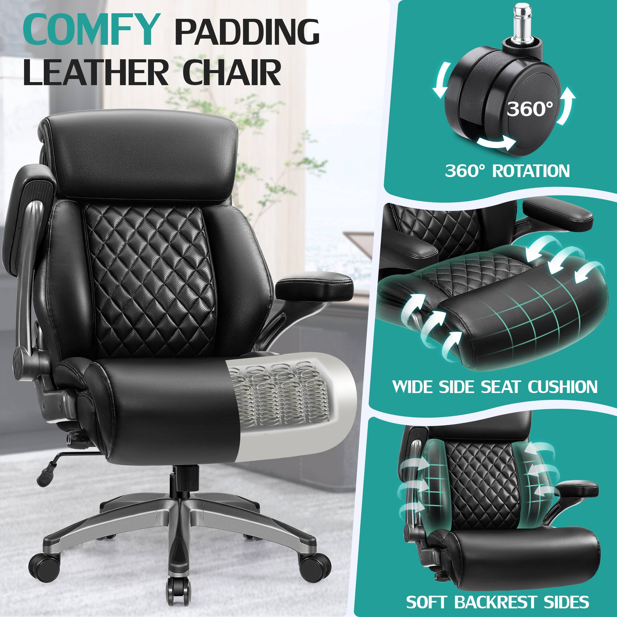 COMFY PADDING LEATHER CHAIR

- 360° ROTATION
- WIDE SIDE SEAT CUSHION
- SOFT BACKREST SIDES