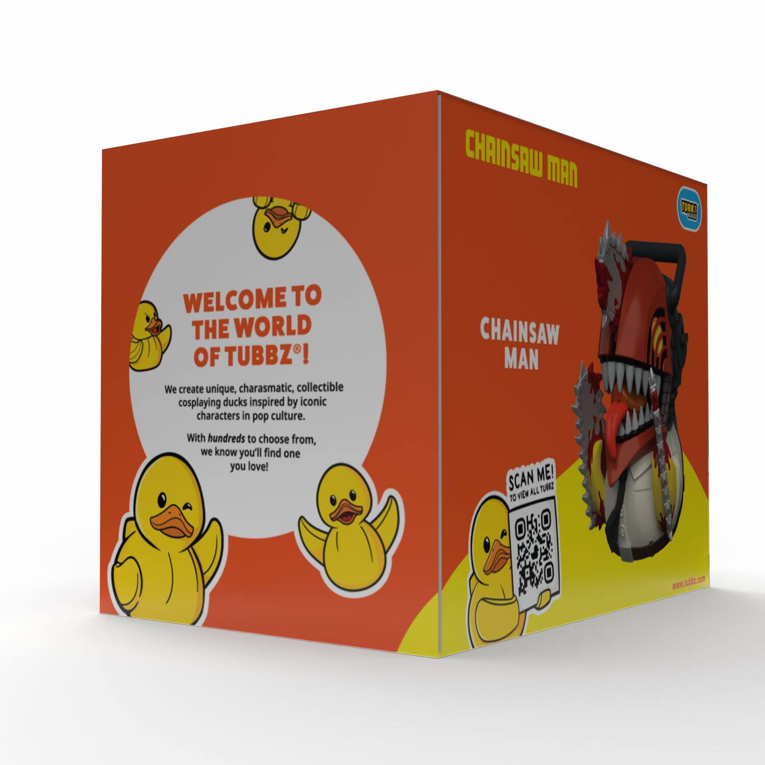 **Front:**

- CHAINSAW MAN
- WELCOME TO THE WORLD OF TUBBZ!
- We create unique, charismatic, collectible cosplaying ducks inspired by iconic characters in pop culture.
- With hundreds to choose from, we know you'll find one you love!
- SCAN ME! TO VIEW ALL TUBBZ
- www.tubbz.com

**Side:**

- CHAINSAW MAN
- TUBBZ