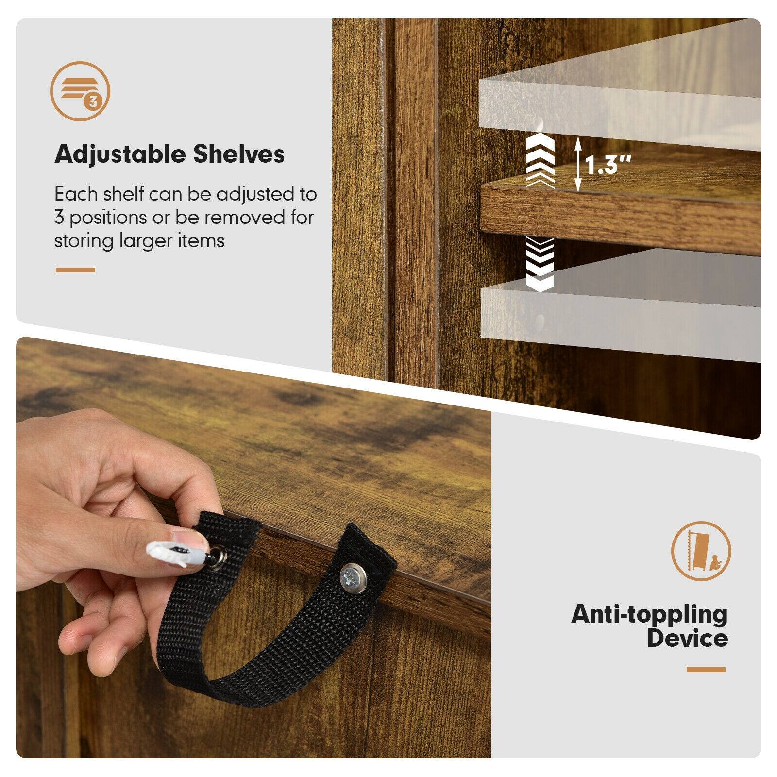 3 Adjustable Shelves  
Each shelf can be adjusted to 3 positions or be removed for storing larger items  

1.3" Anti-toppling Device