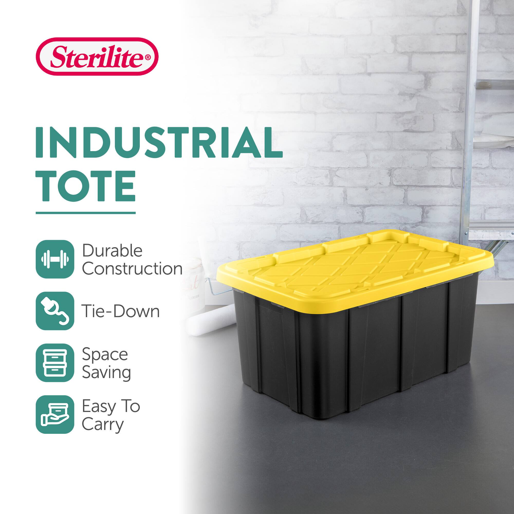 Sterilite INDUSTRIAL TOTE  
- Durable Construction  
- Tie-Down  
- Space Saving  
- Easy To Carry
