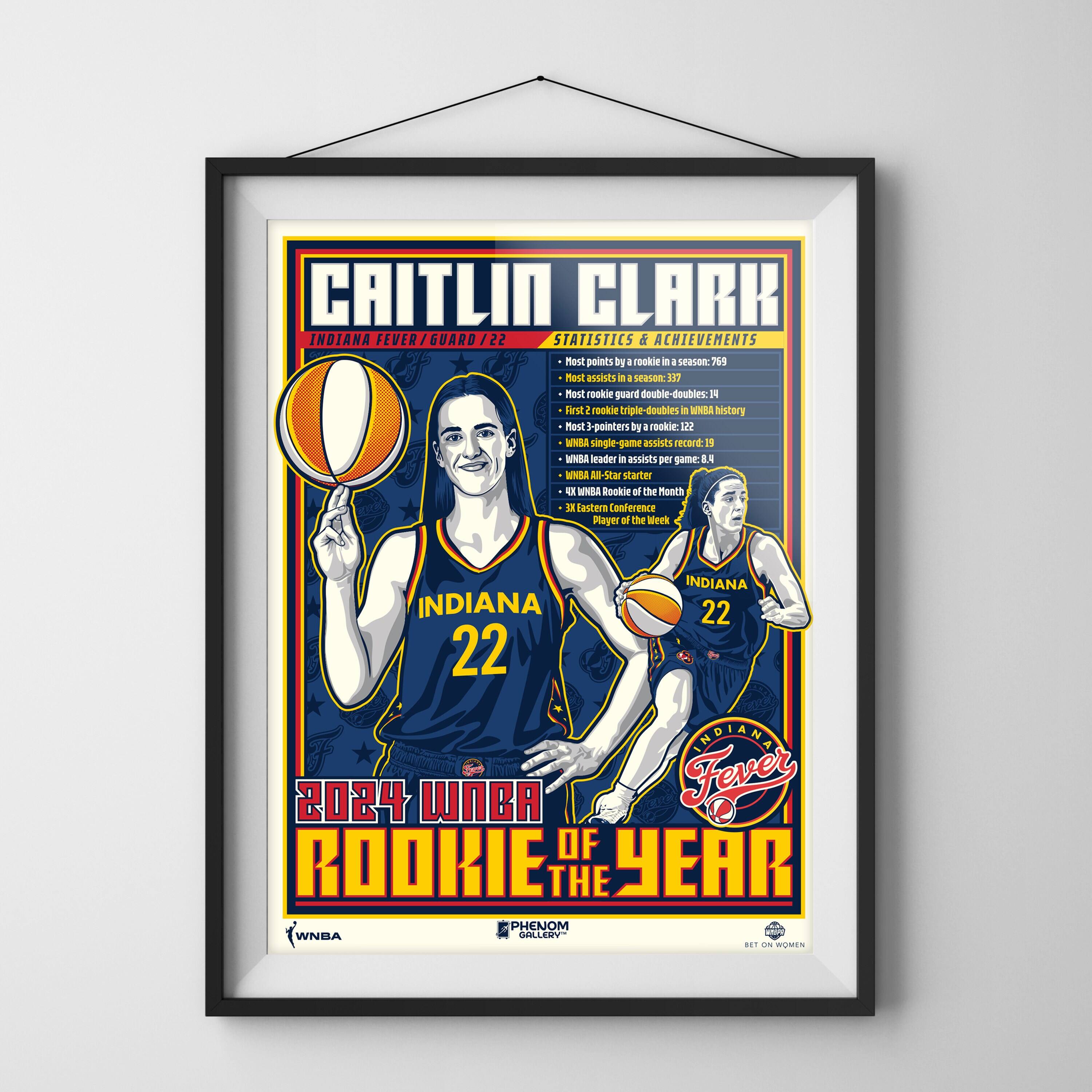 CAITLIN CLARK  
INDIANA FEVER / GUARD / 22  

STATISTICS & ACHIEVEMENTS  
- Most points by a rookie in a season: 796  
- Most assists by a rookie in a season: 337  
- Most rookie guard double-doubles: 14  
- Most rookie triple-doubles: 1  
- Most triple-doubles in WNBA history: 122  
- WNBA rookie single-game assists record: 12  
- WNBA leader in assists per game: 8  
- WNBA All-Star starter  
- 4x WNBA Rookie of the Month  
- 3x Eastern Conference Player of the Week  

2024 WNBA ROOKIE OF THE YEAR  

INDIANA FEVER  
BET ON WOMEN  

WNBA  
PHENOM