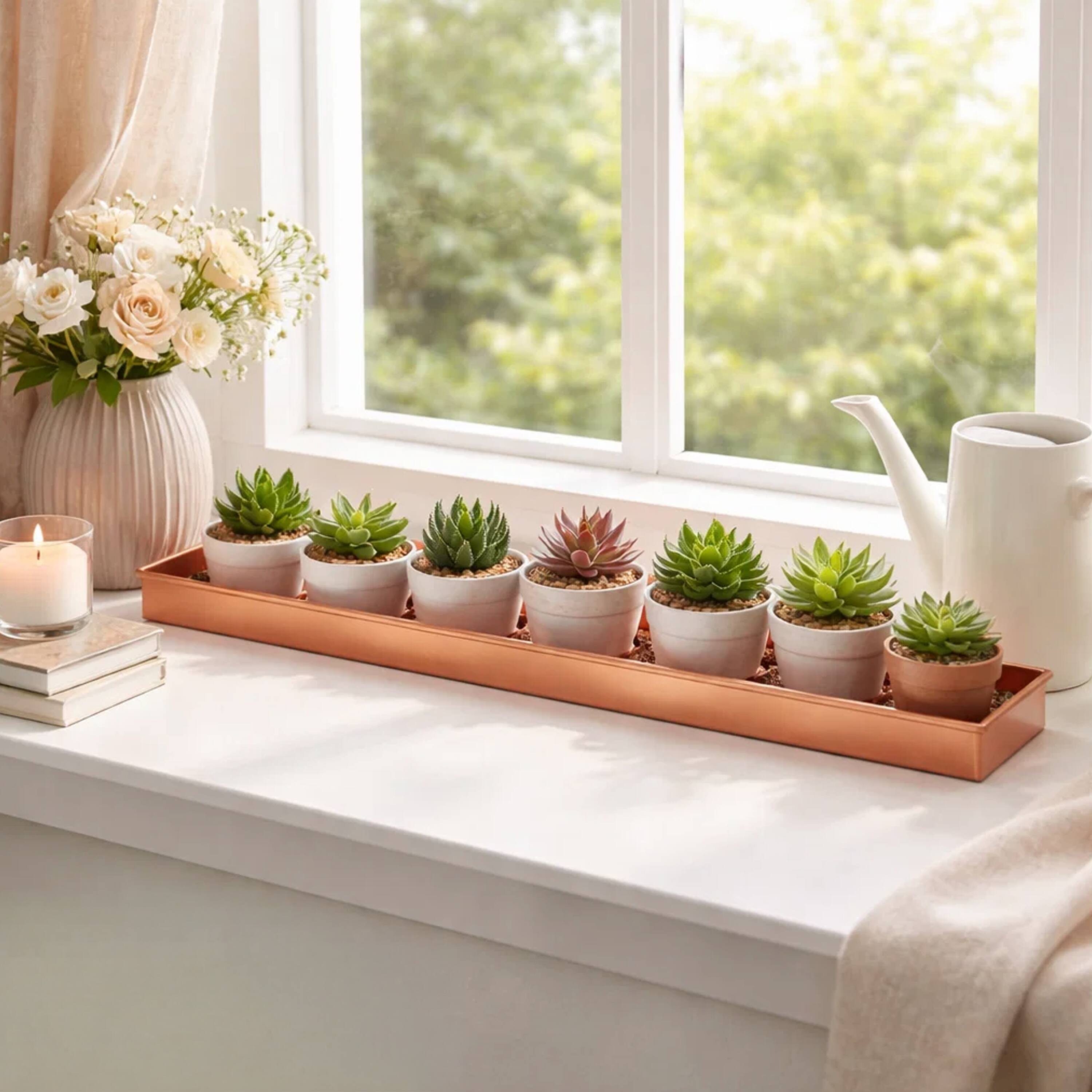 Alt View 9. Manhattan Lane - 29 Inch Rectangular Metal Windowsill Planter Tray, Trim Edges, Large - Copper.