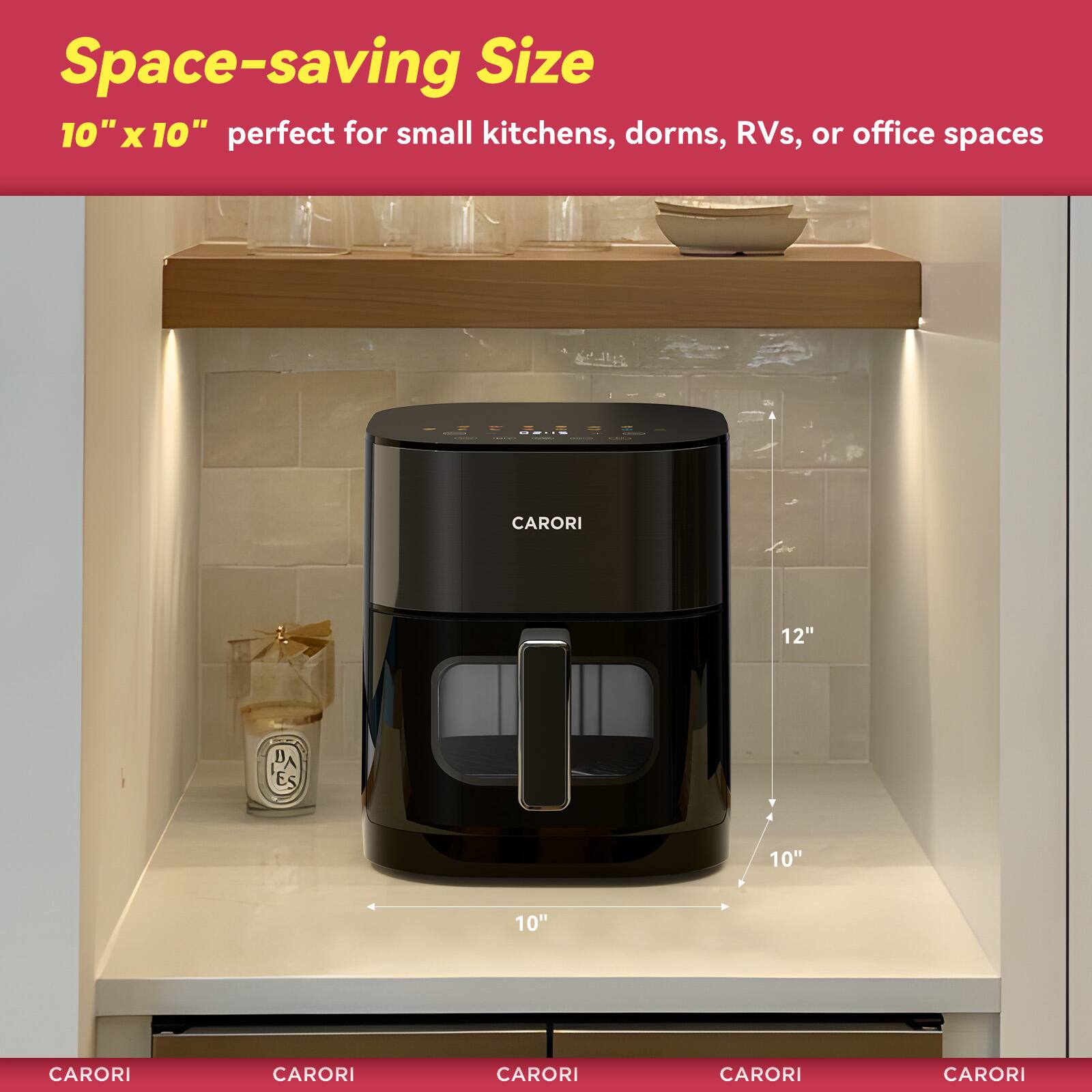 Space-saving Size 10" x 10" perfect for small kitchens, dorms, RVs, or office spaces CARORI