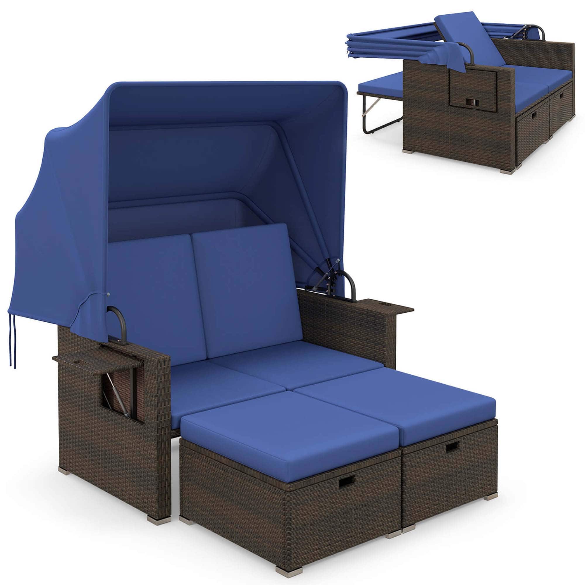 Gymax - Rattan Daybed w/ Adjustable Backrests & Retractable Canopy for Patio - Navy