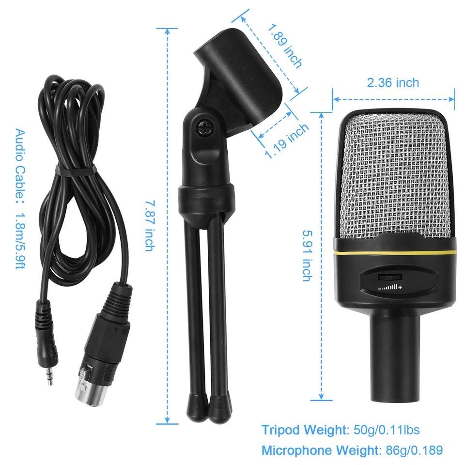 - Audio Cable: 1.8m/5.9ft
- Tripod Weight: 50g/0.11lbs
- Microphone Weight: 86g/0.189lbs

Dimensions:
- 1.89 inch
- 2.36 inch
- 1.19 inch
- 5.91 inch
- 7.87 inch