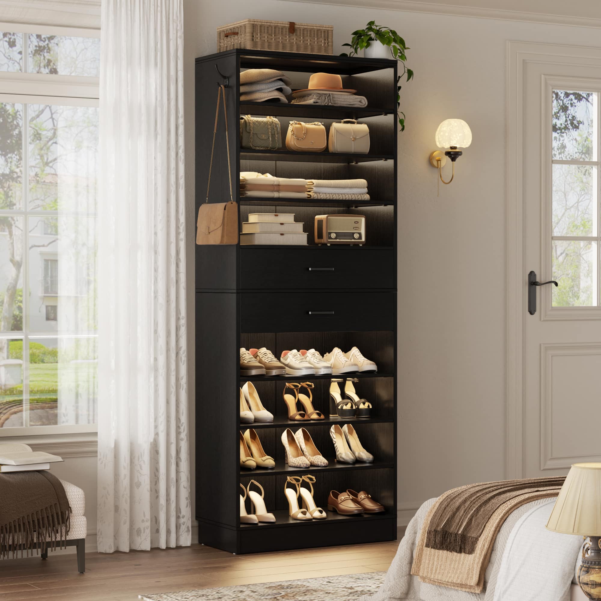 Front. Aheaplus - 10-Tier 65cm Freestanding Shoe Armoire with 2 Drawers, Adjustable Shelves & Side Hooks – Entryway/Bedroom - Black.