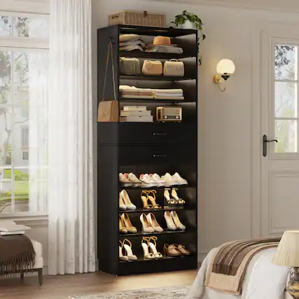 Front. Aheaplus - 10-Tier 65cm Freestanding Shoe Armoire with 2 Drawers, Adjustable Shelves & Side Hooks – Entryway/Bedroom - Black.