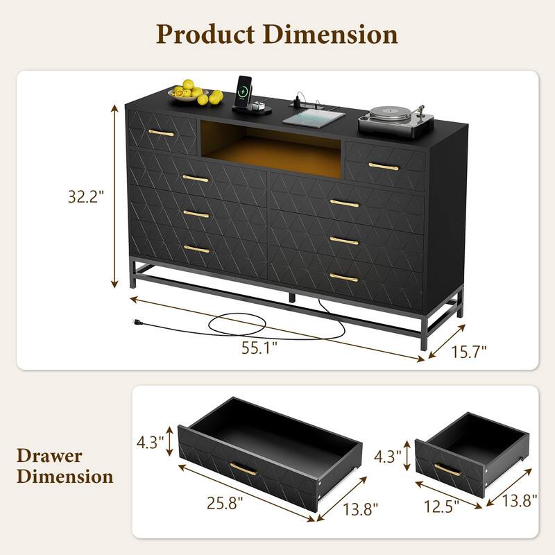Product Dimension:  
- Height: 32.2"  
- Width: 55.1"  
- Depth: 15.7"  

Drawer Dimension:  
- Height: 4.3"  
- Width: 25.8"  
- Depth: 13.8"  
- Width: 12.5"  
- Depth: 13.8"