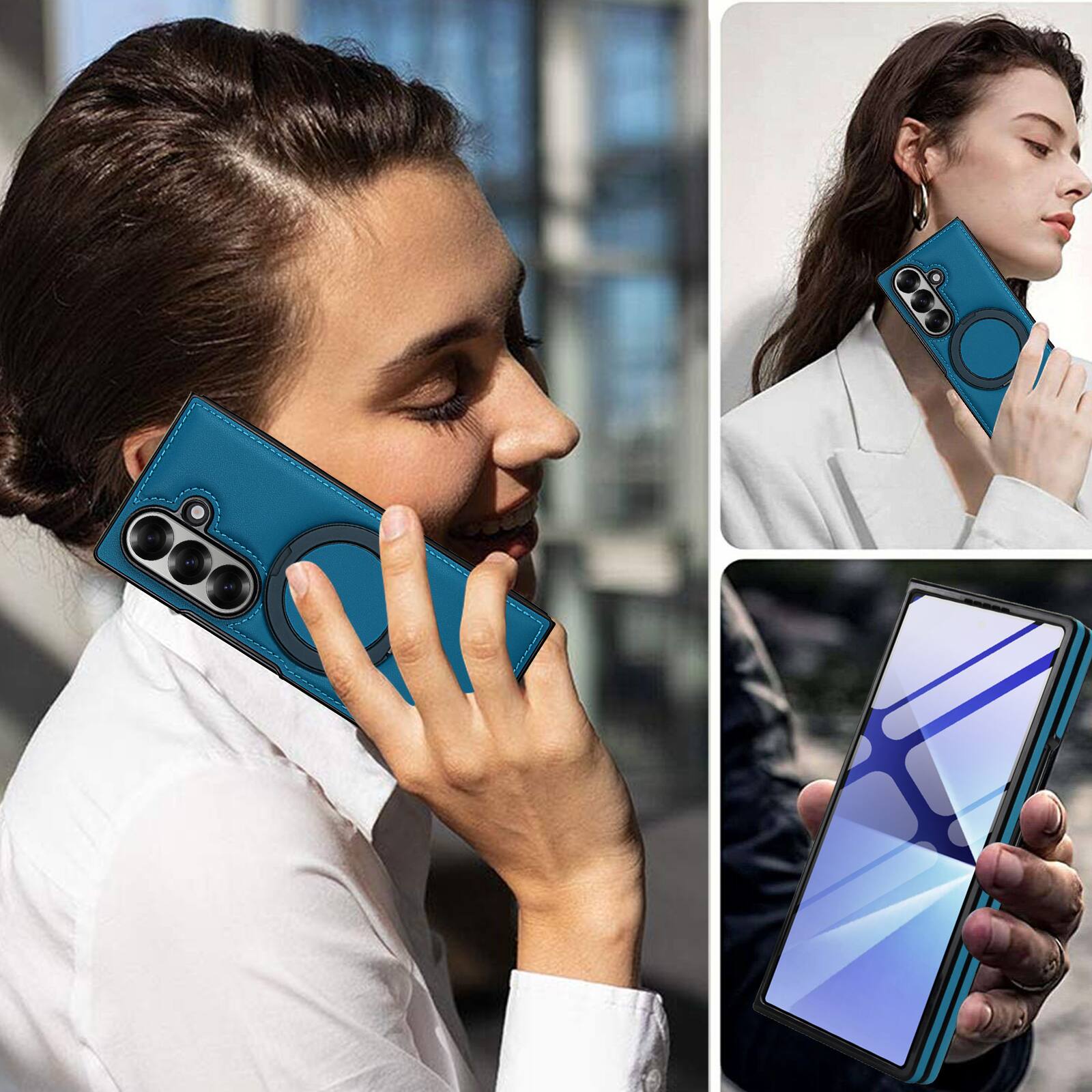 Alt View 4. Dteck - Magnetic Case for Samsung Galaxy Z Fold7 with Ring Kickstand,Built-in Screen Protector,Faux Leather Shockproof Cover - Blue.