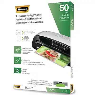 Fellowes Thermal Laminating Pouches
Pochettes à plastifier à chaud
Micas de enmicado en caliente
5mil
50 Pack
Pack de 50
Paquete de 50
One Touch Front
One Touch Front
Un clic frontal
Un clic frontal
Auto-Adjust
Auto-Adjust
Ajuste automático
Ajuste automático
Interlock
Interlock
Conexión interlocking
Conexión interlocking
5mil
5mil
Compatible with ALL Fellowes Laminators
Compatible with ALL Fellowes Laminators
Compatible con TODOS los laminadores Fellowes
Compatible con TODOS los laminadores Fellowes
5mil