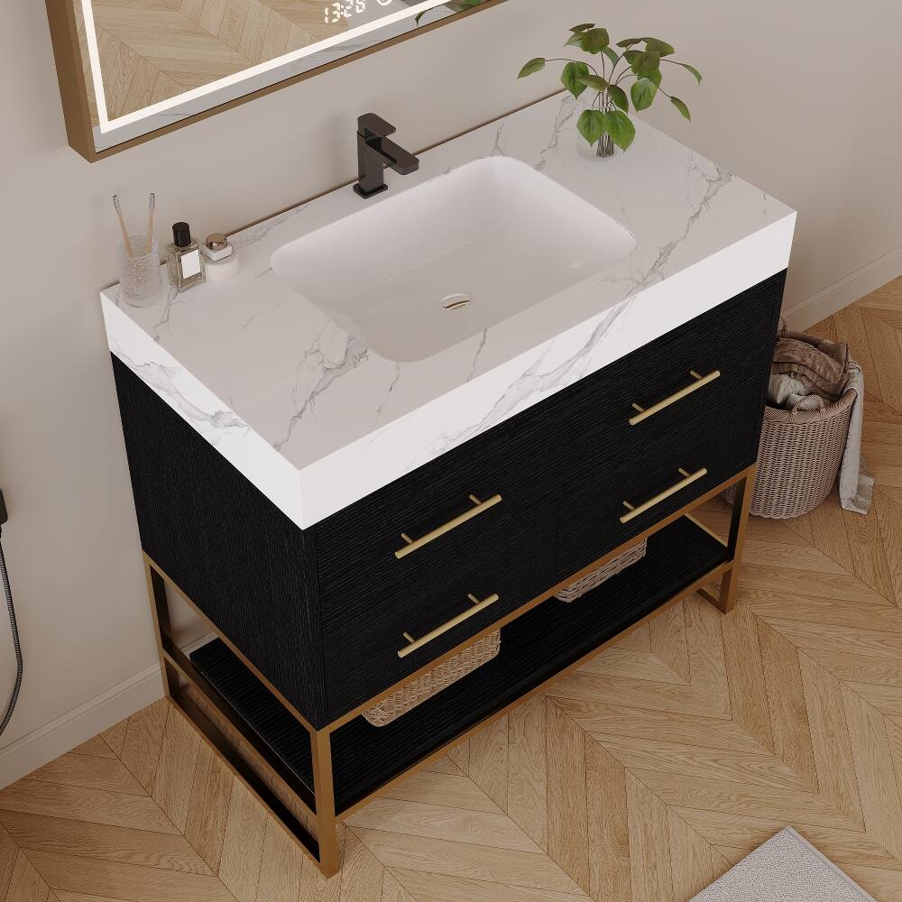 Back. Loheer - Loheer 36 inch bathroom vanity with Sintered Stone Top, Freestanding Sink Cabinet, Black/White - Black, White.