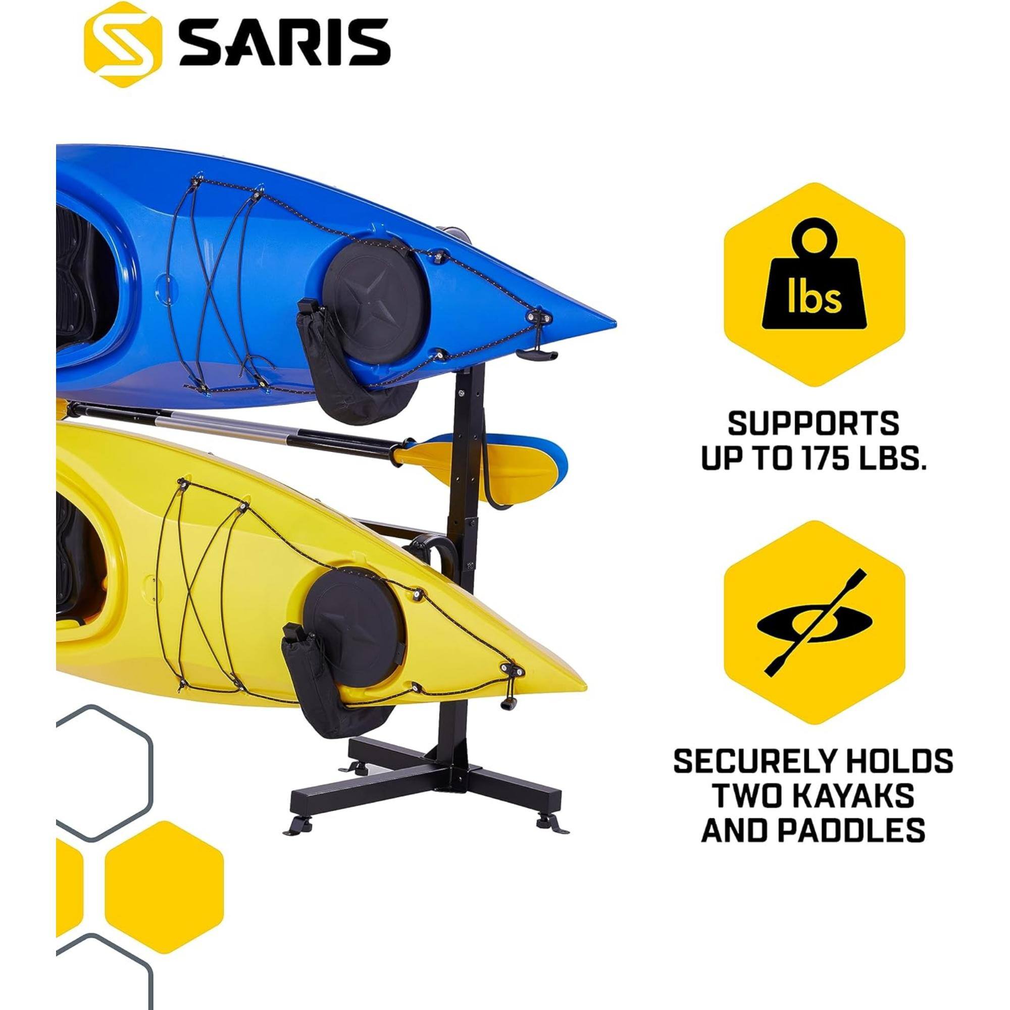 S SARIS lbs SUPPORTS UP TO 175 LBS. SECURELY HOLDS TWO KAYAKS AND PADDLES