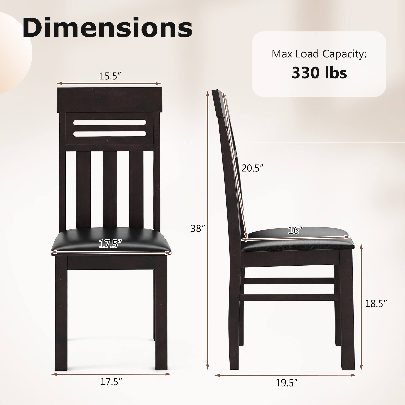 Dimensions  
15.5"  
Max Load Capacity: 330 lbs  
20.5"  
17.5"  
38"  
16"  
18.5"  
17.5"  
19.5"