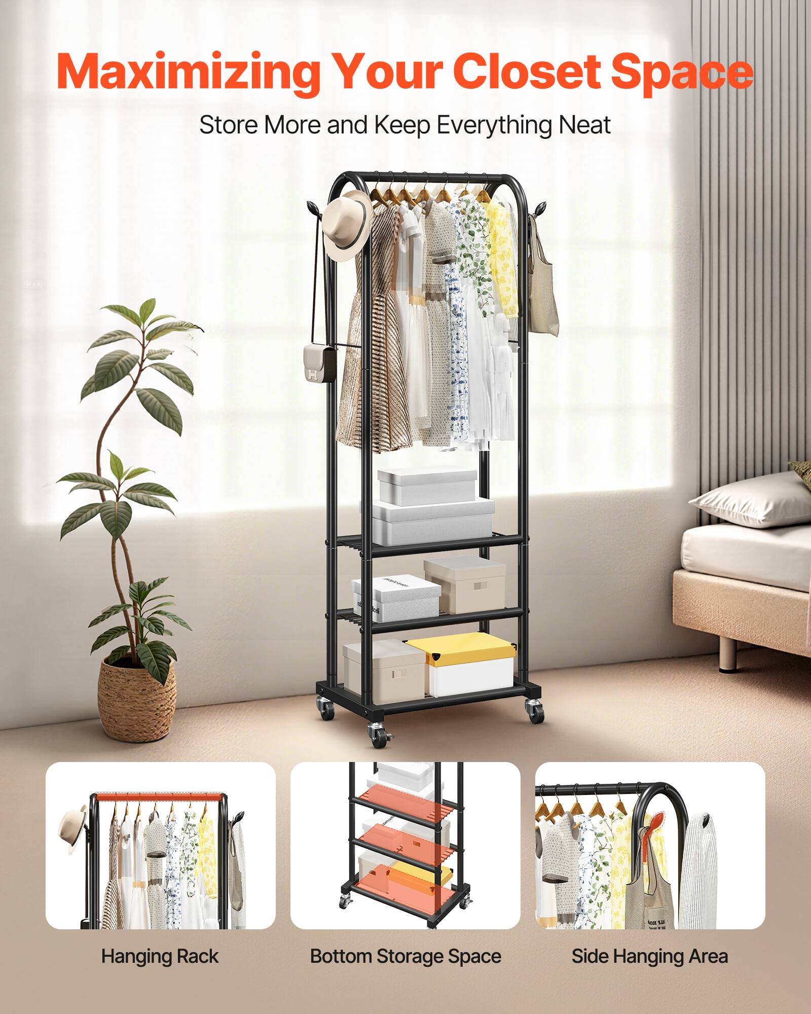 Maximizing Your Closet Space  
Store More and Keep Everything Neat  

- Hanging Rack  
- Bottom Storage Space  
- Side Hanging Area