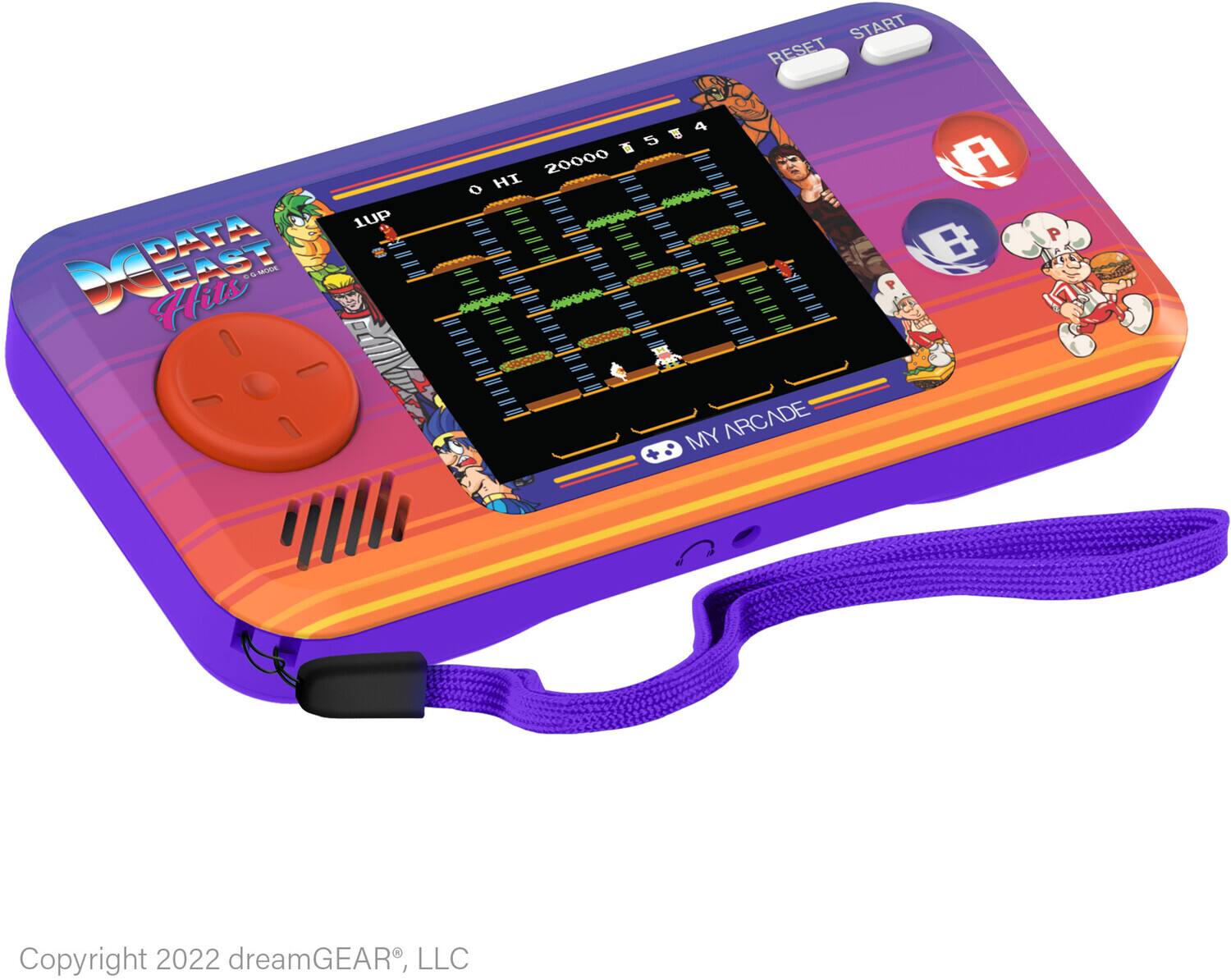 Sure, here is the corrected and grouped text from the image:

---

**Top Left:**
- DATA EAST
- DC Hils

**Top Right:**
- 1UP
- START
- RESET

**Screen:**
- 0 HI
- 20000
- 5 4

**Bottom:**
- MY ARCADE

**Bottom Left:**
- Copyright 2022 dreamGEAR®, LLC

**Buttons:**
- A
- B

**Characters:**
- P

---