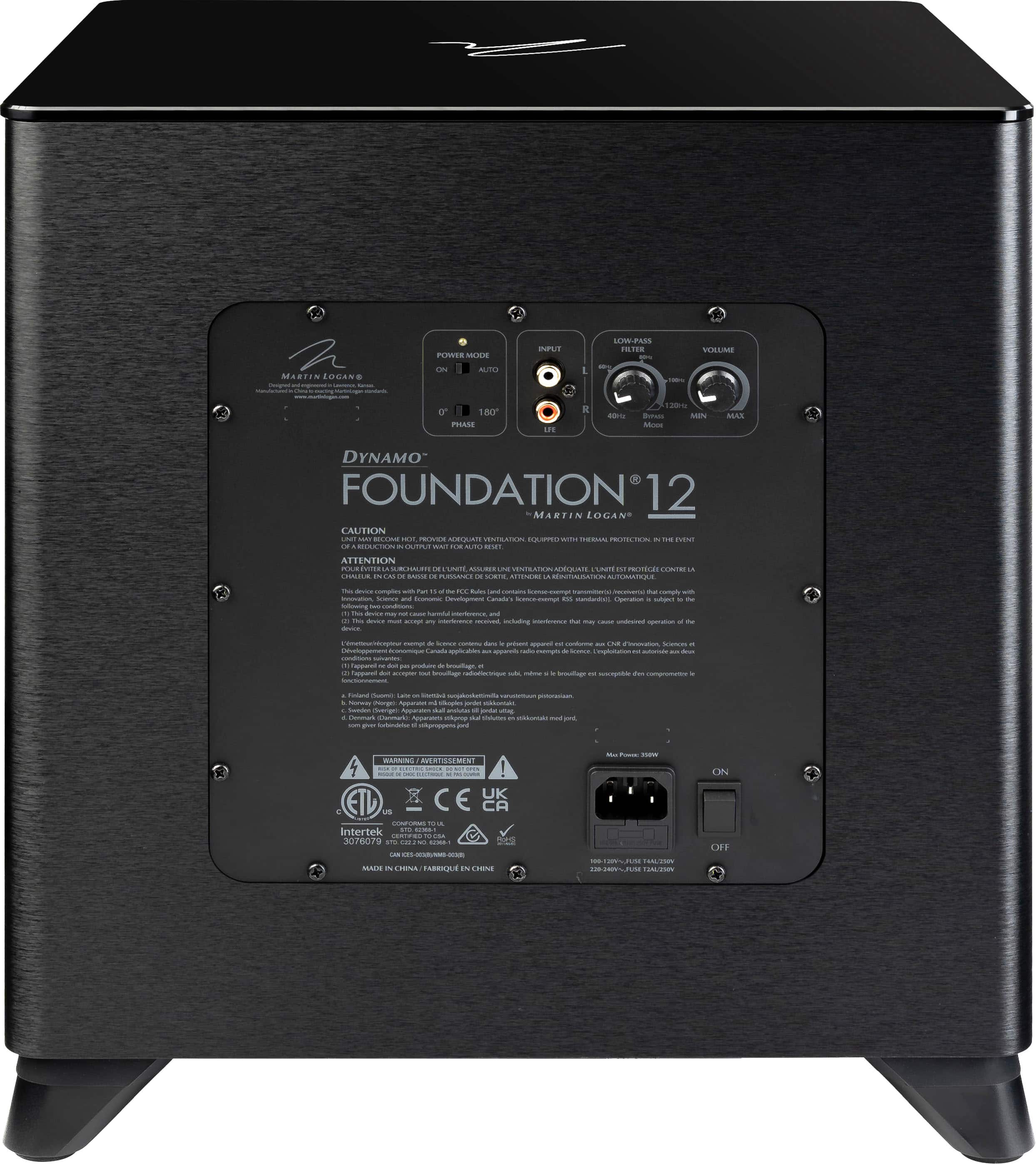 The text on the image is a combination of various descriptions and instructions related to the black box. The main focus is on the Foundation 12 product, which is a Martin Logan speaker. The text also includes information about the amplifier, such as the power supply and the fact that it is a stereo amplifier. Additionally, there is a warning about the proper use of the product and a caution about the electrical connections. The text also mentions the product's origin and the manufacturer.
