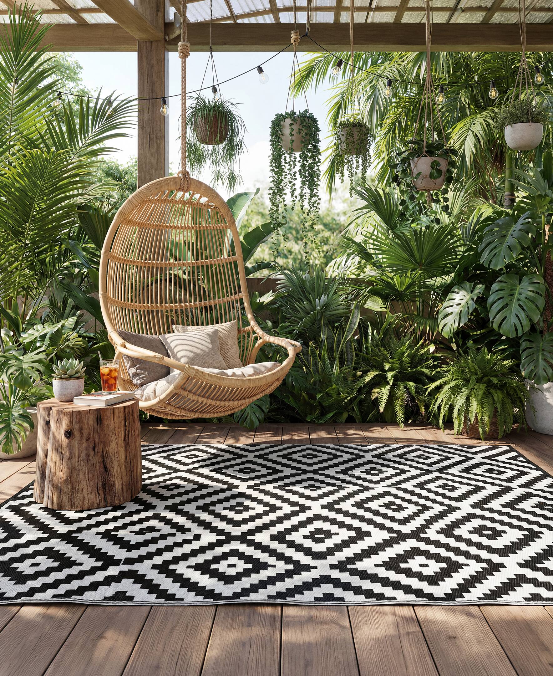 Alt View 4. Sugift - Outdoor Mat Rug 5-ft x 8-ft Waterproof Reversible Polypropylene For Patio Porch Deck RV Camping - Black & White.