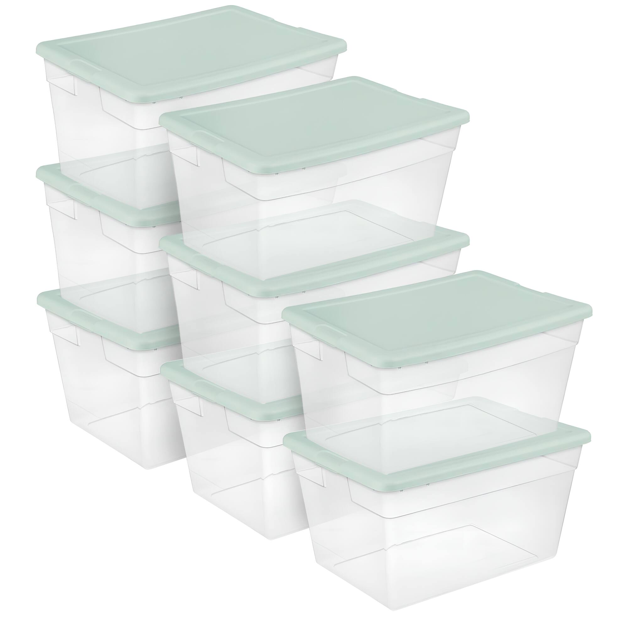 Front. Sterilite - Sterilite 8 Pk Stackable Storage Tote Container, 56 Qt, Clear, Mindful Mint Lid - Mindful Mint.