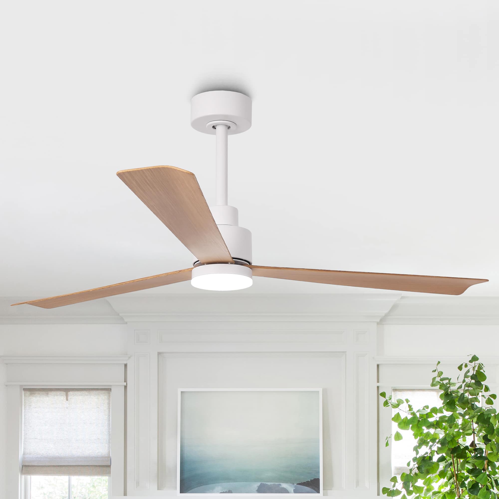 Front. Parrot Uncle - 52-Inch Modern Propeller Ceiling Fan with Dimmable LED Light, 6-Speed DC Motor, Remote Control - White.