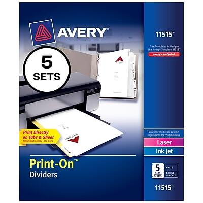 AVERY 11515  
5 SETS  
Free Templates & Designs at Avery.com/11515  
Print Directly on Tabs & Sheet  
Customize 50  
Create Lasting Impressions for Your  
Print-On™ Dividers  
Laser Ink Jet  
5 WHITE TABS  
PUNCHED  
11515