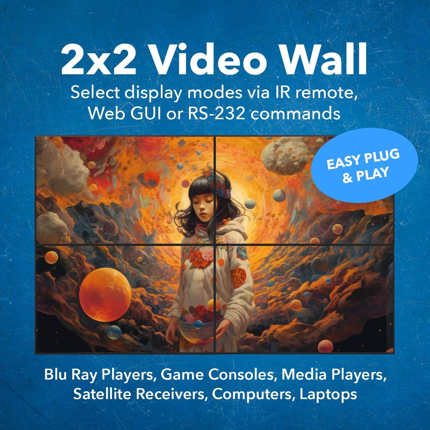 2x2 Video Wall

Select display modes via IR remote, Web GUI or RS-232 commands

EASY PLUG & PLAY

Blu Ray Players, Game Consoles, Media Players, Satellite Receivers, Computers, Laptops