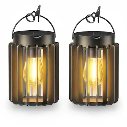 Front. FINEAK - 7" 2 Pack Black Solar Hanging Lanterns - Waterproof 12 Hrs Bright Outdoor Lights - Black.