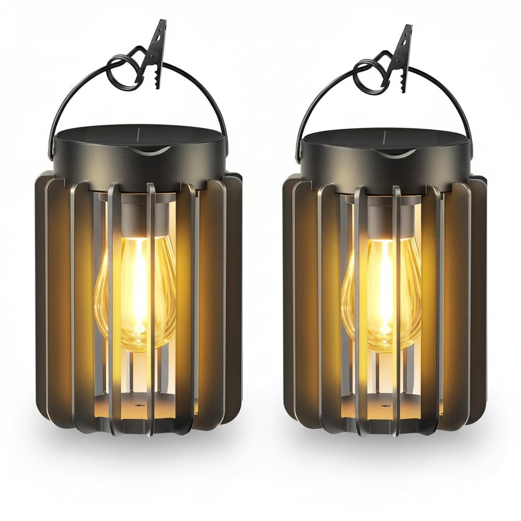 Front. FINEAK - 7" 2 Pack Black Solar Hanging Lanterns - Waterproof 12 Hrs Bright Outdoor Lights - ‎Black.