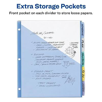 Extra Storage Pockets  
Front pocket on each divider to store loose papers.

**Schedule**  
**Film**  
**Notes**

**Notes**  
- RULES THAT SHOULD BE TAKEN  
  - FREE, CLEARLY THE HEAVY  
  - INTENTION TO KEEP

- BUILDINGS  
  - CHANGES IN THE HOUSE  
  - INCREASED FREE HOUSE  
  - FRESH, SAME, PUMPS  
  - GPM (GALLONS PER MINUTE DOWN)

- SECOND FRONT  
  - TWO WINDOWS, FRONT DOOR  
  - FRONT DOOR

- TEST FRIDAY  
  - HOW MANY LIGHTS

**To Do**  
- CLEAN  
- PAINT  
- FENCE